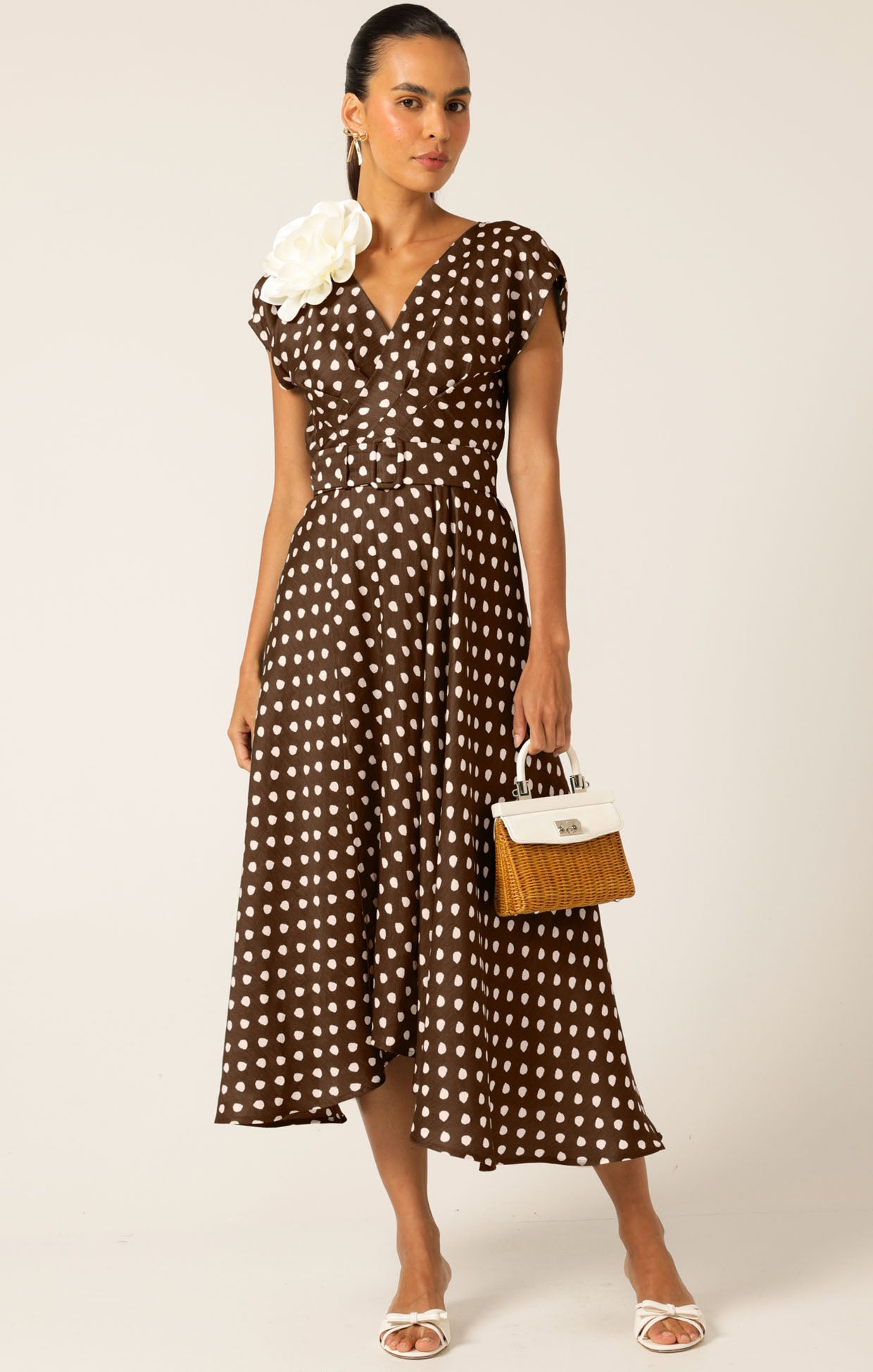 Sacha Drake DOTTIE WRAP MIDI DRESS - Choc/ Cream Spot