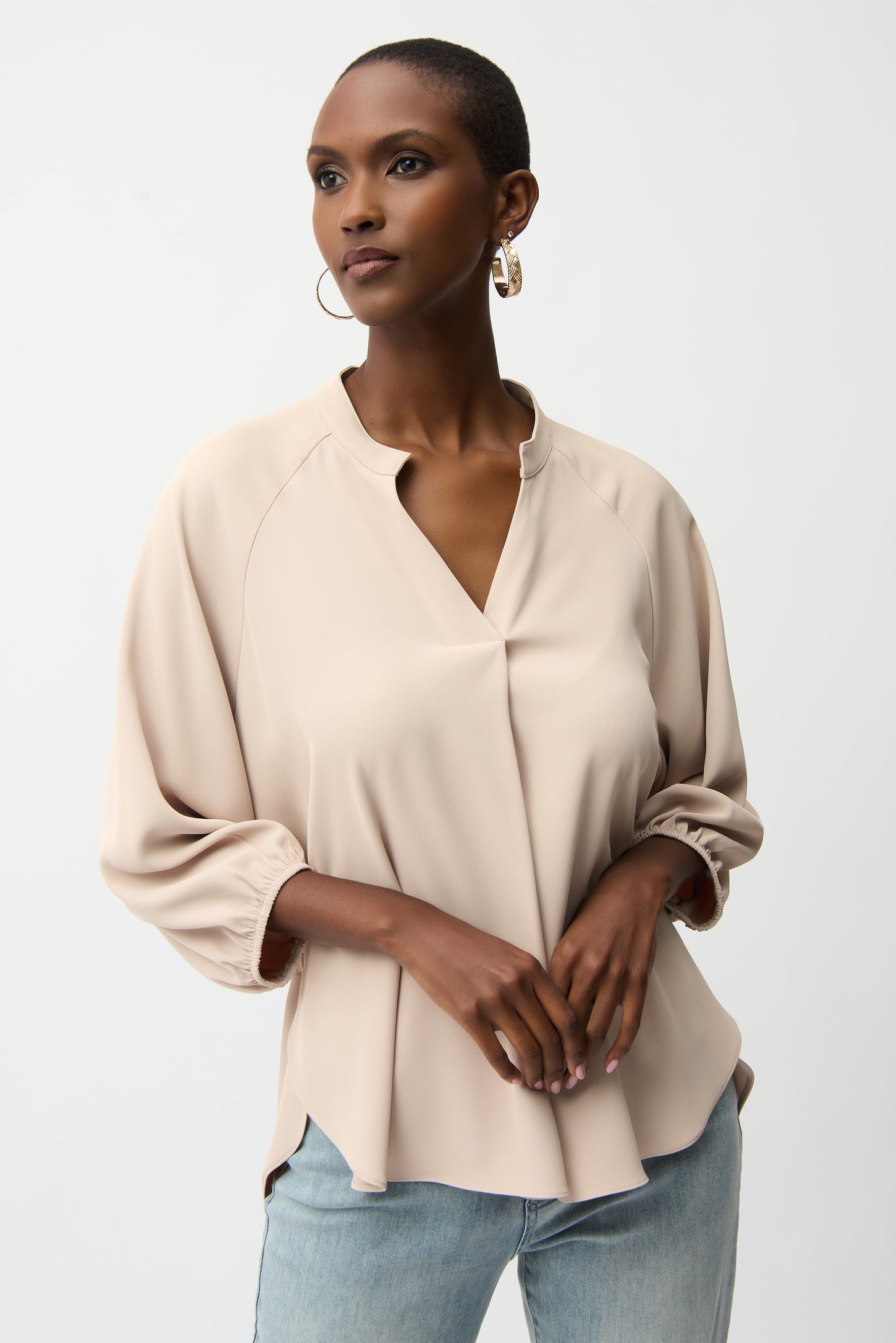 Joseph Ribkoff Woven Twill Boxy Top With Mandarin Collar 261076 -PARCHMENT