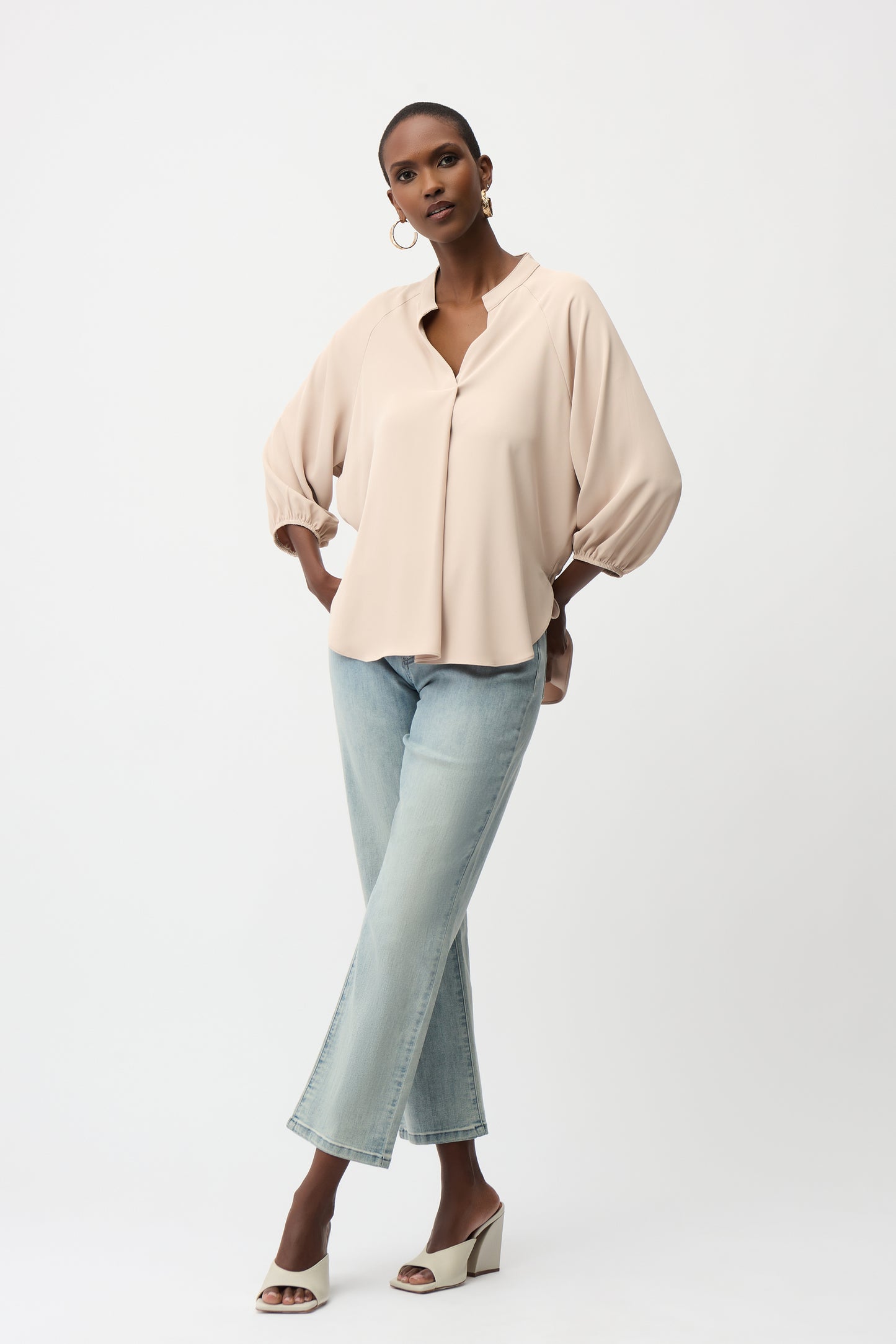 Joseph Ribkoff Woven Twill Boxy Top With Mandarin Collar 261076 -PARCHMENT