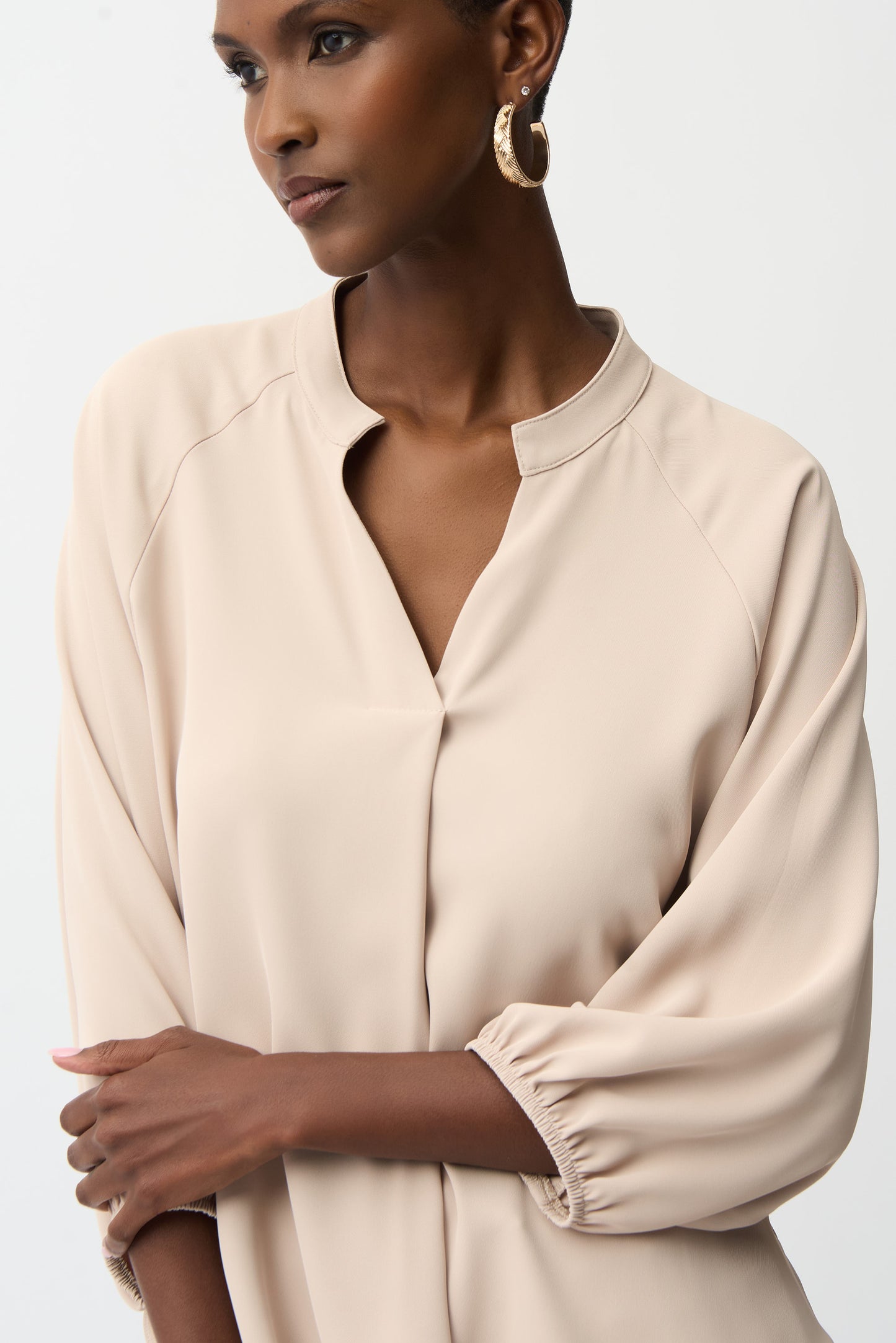 Joseph Ribkoff Woven Twill Boxy Top With Mandarin Collar 261076 -PARCHMENT