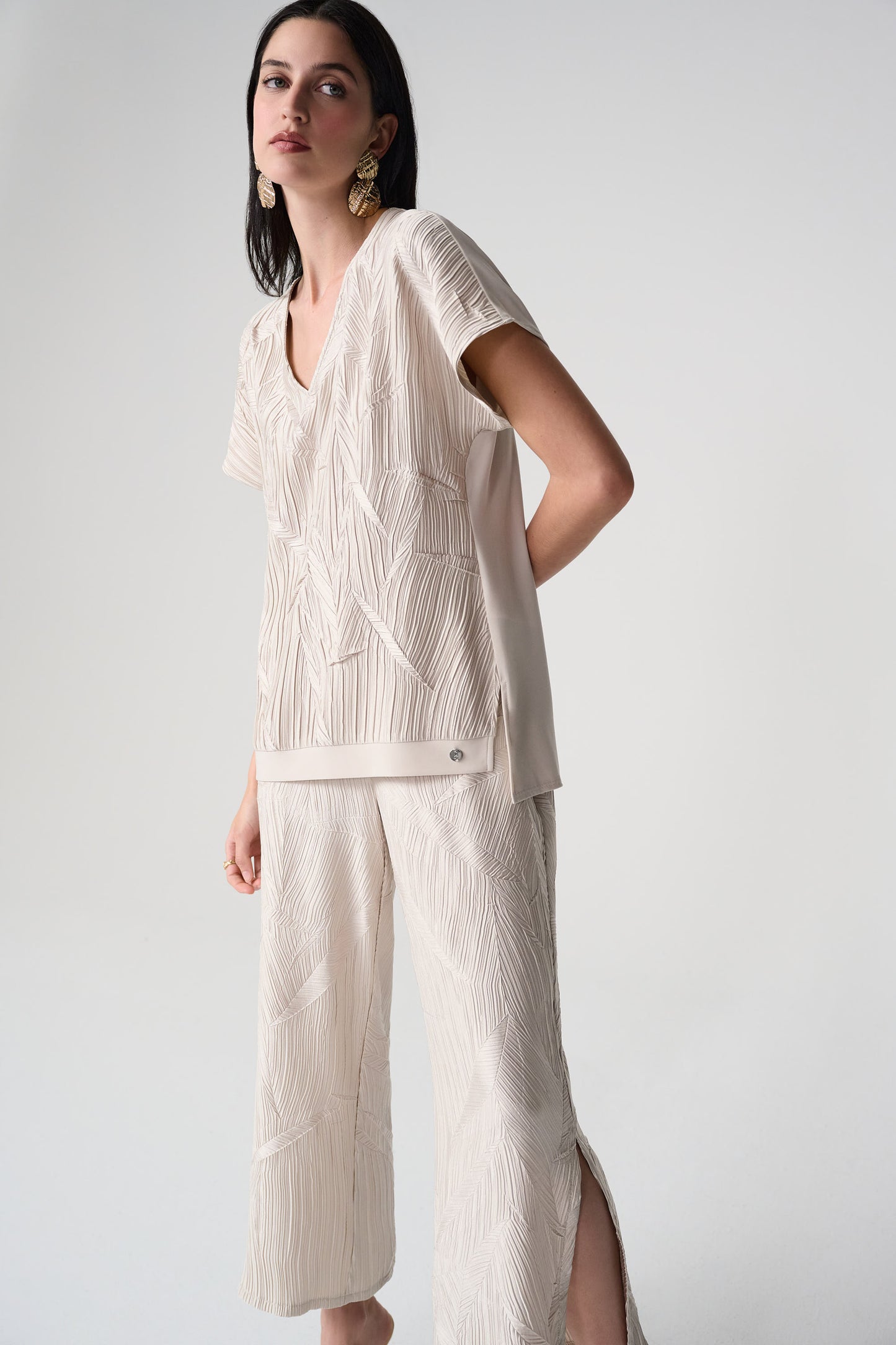Joseph Ribkoff Pleated Satin Boxy Top With Silky Knit Back 261160 - MOONSTONE