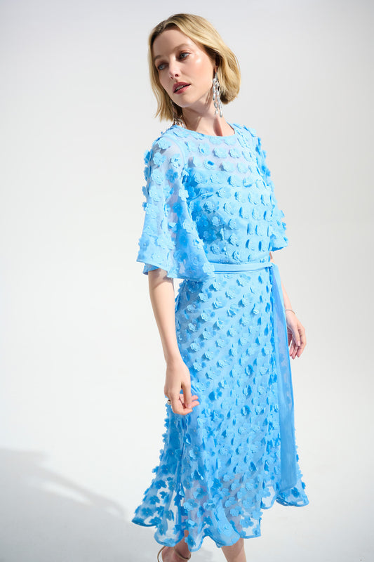 Joseph Ribkoff 3D Embroidered Chiffon Fit And Flare Dress With Sash Belt 261738 - SKY BLUE