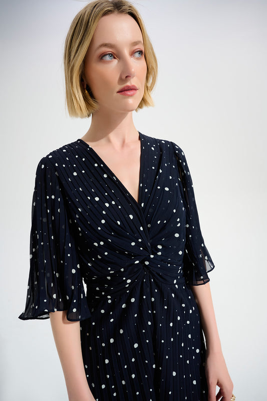 Joseph Ribkoff Pleated Chiffon Dot Print Wide Leg Jumpsuit With Knot Detail 261756 - MIDNIGHT/ VANILLA