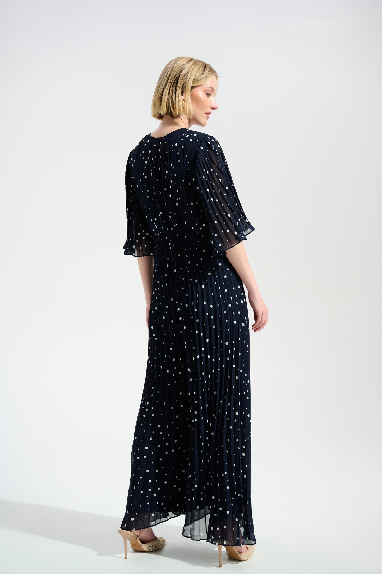 Joseph Ribkoff Pleated Chiffon Dot Print Wide Leg Jumpsuit With Knot Detail 261756 - MIDNIGHT/ VANILLA