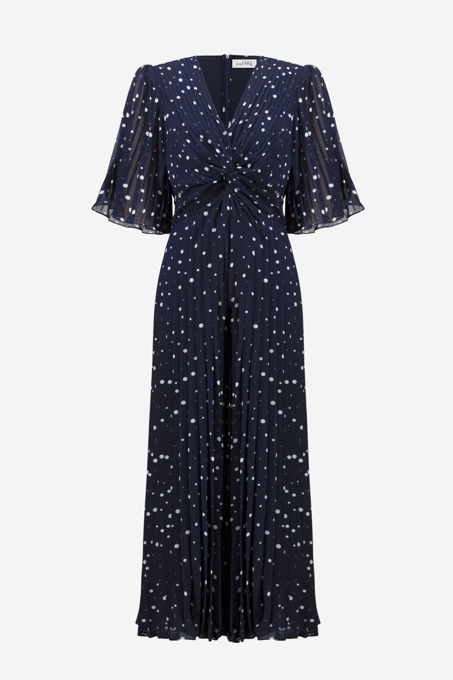 Joseph Ribkoff Pleated Chiffon Dot Print Wide Leg Jumpsuit With Knot Detail 261756 - MIDNIGHT/ VANILLA