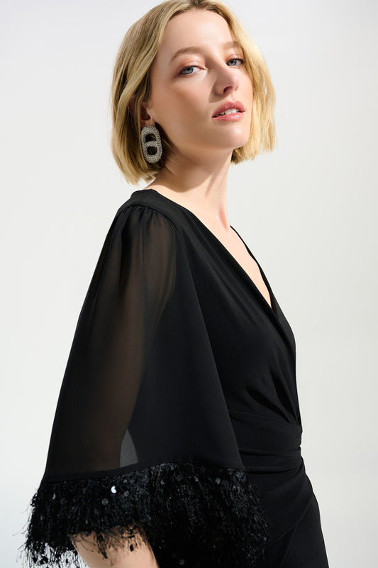 Joseph Ribkoff Silky Knit Wide Leg Jumpsuit With Chiffon Sleeves 261761 - BLACK