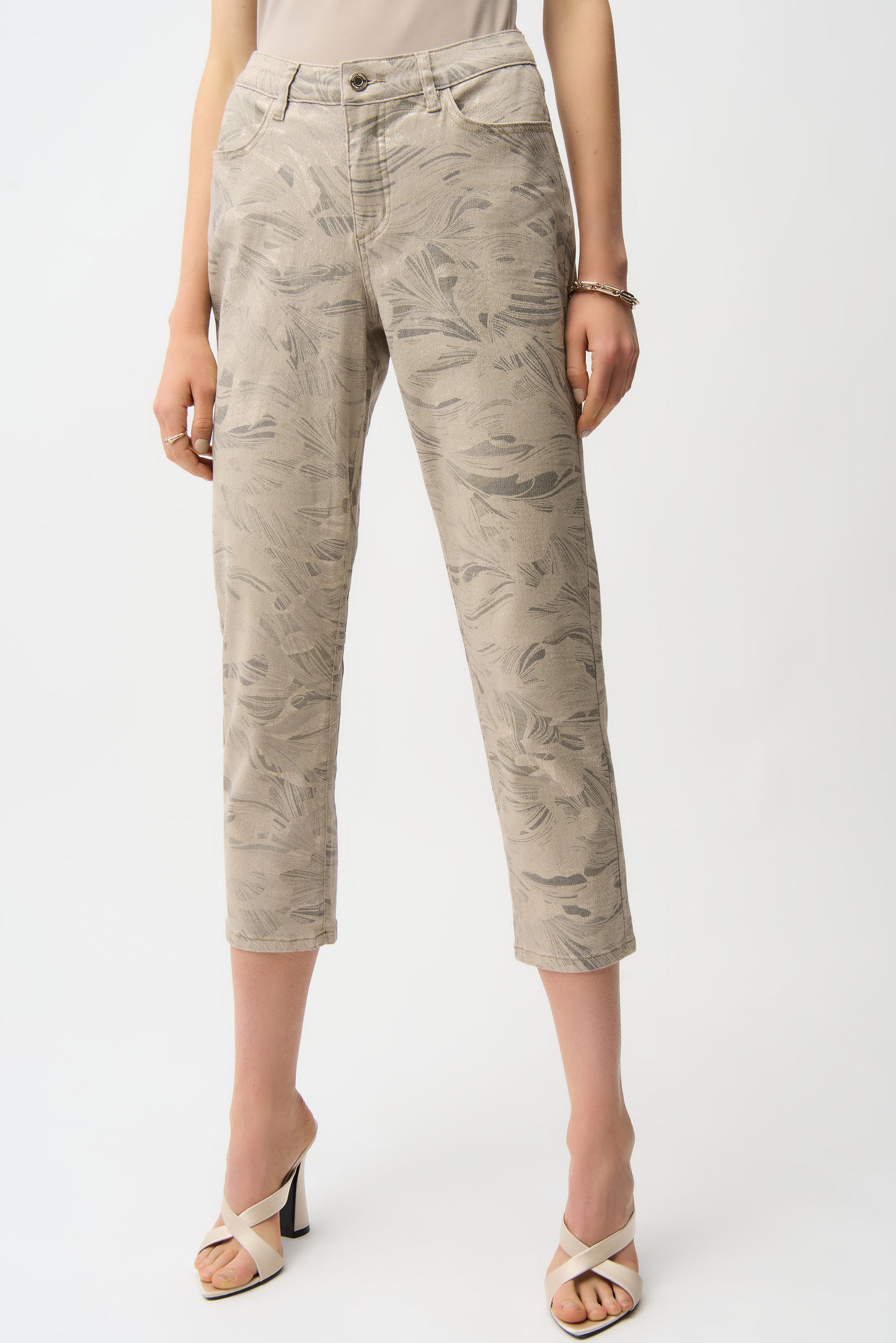 Joseph Ribkoff Metallic Abstract Print Slim Crop Jeans 261959 - TAUPE / GOLD