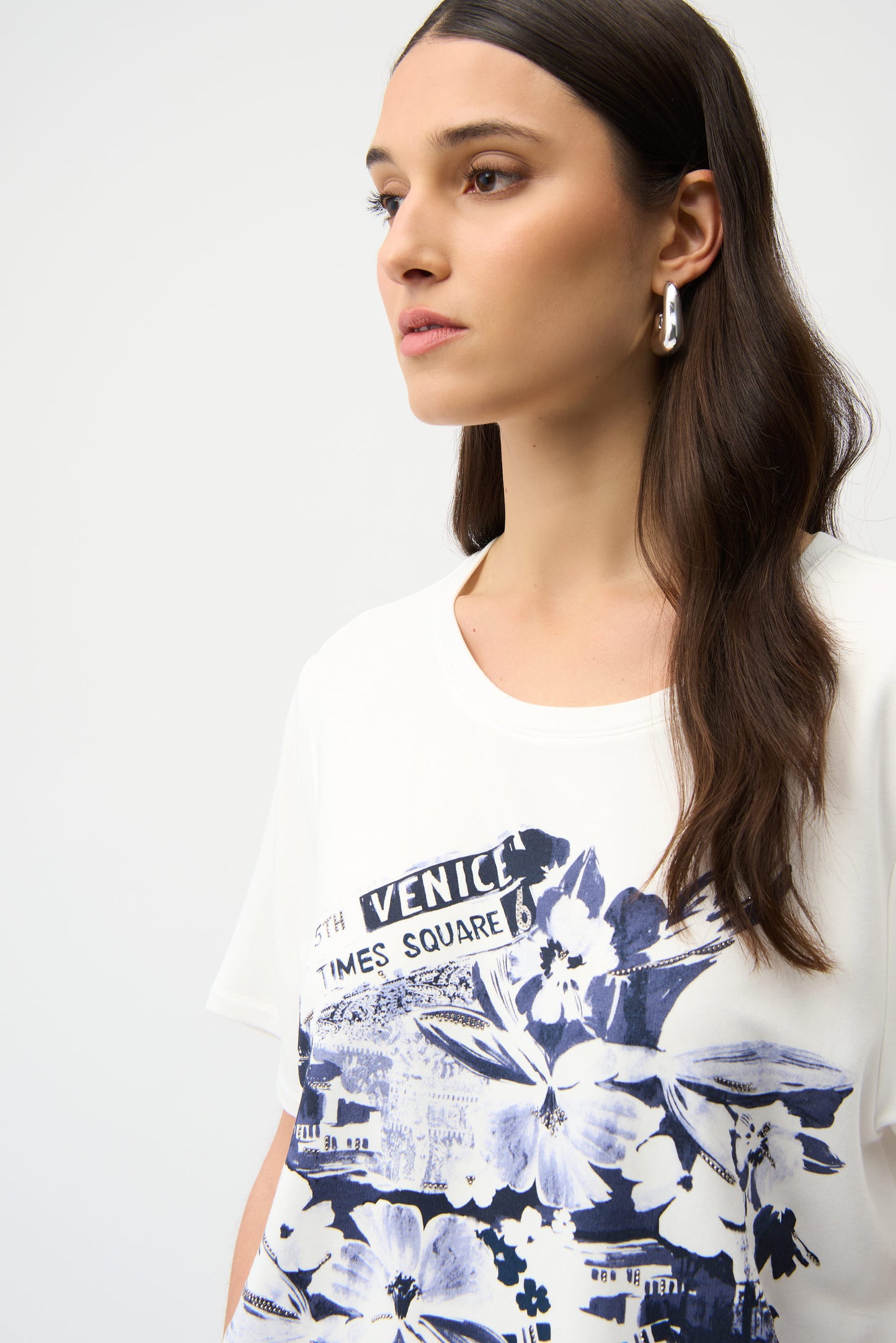Joseph Ribkoff Front Print Straight T-Shirt With Rhinestones 261967 - VANILLA/ BLUE