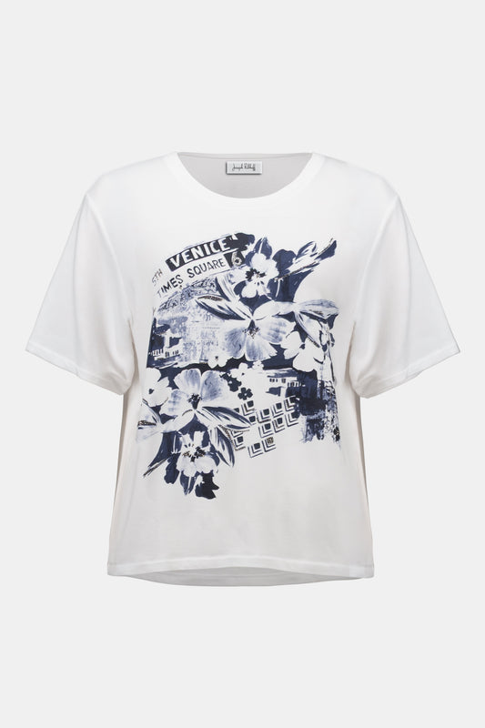 Joseph Ribkoff Front Print Straight T-Shirt With Rhinestones 261967 - VANILLA/ BLUE