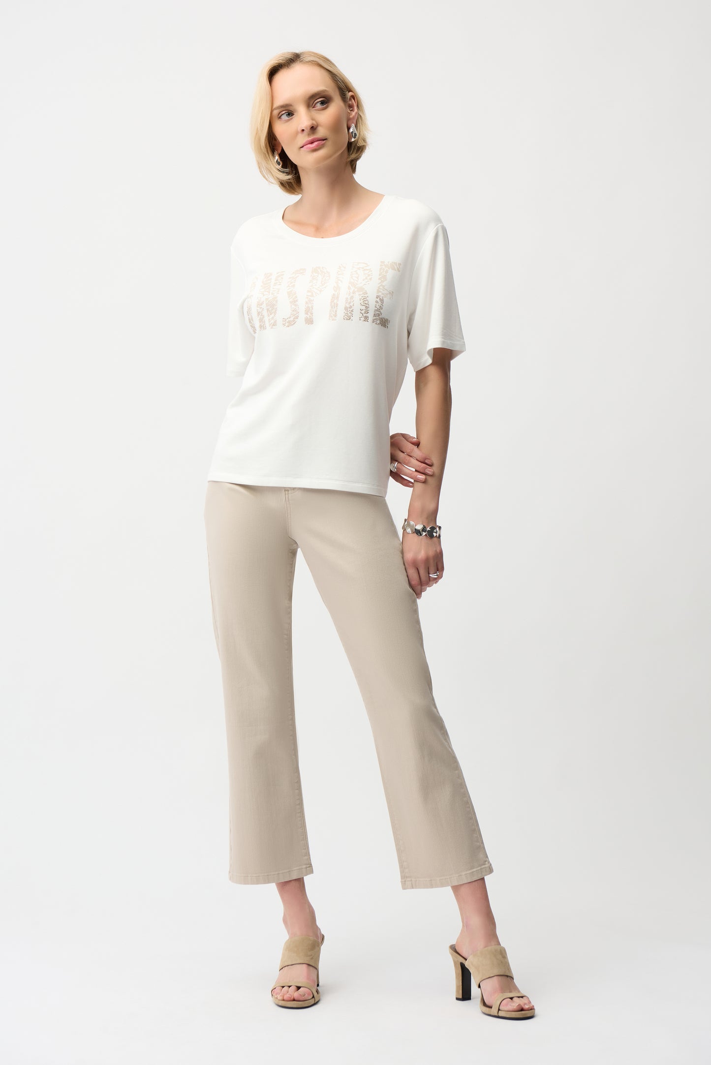 Joseph Ribkoff Front Print Straight T-Shirt With Rhinestones 261967 - VANILLA/ BEIGE