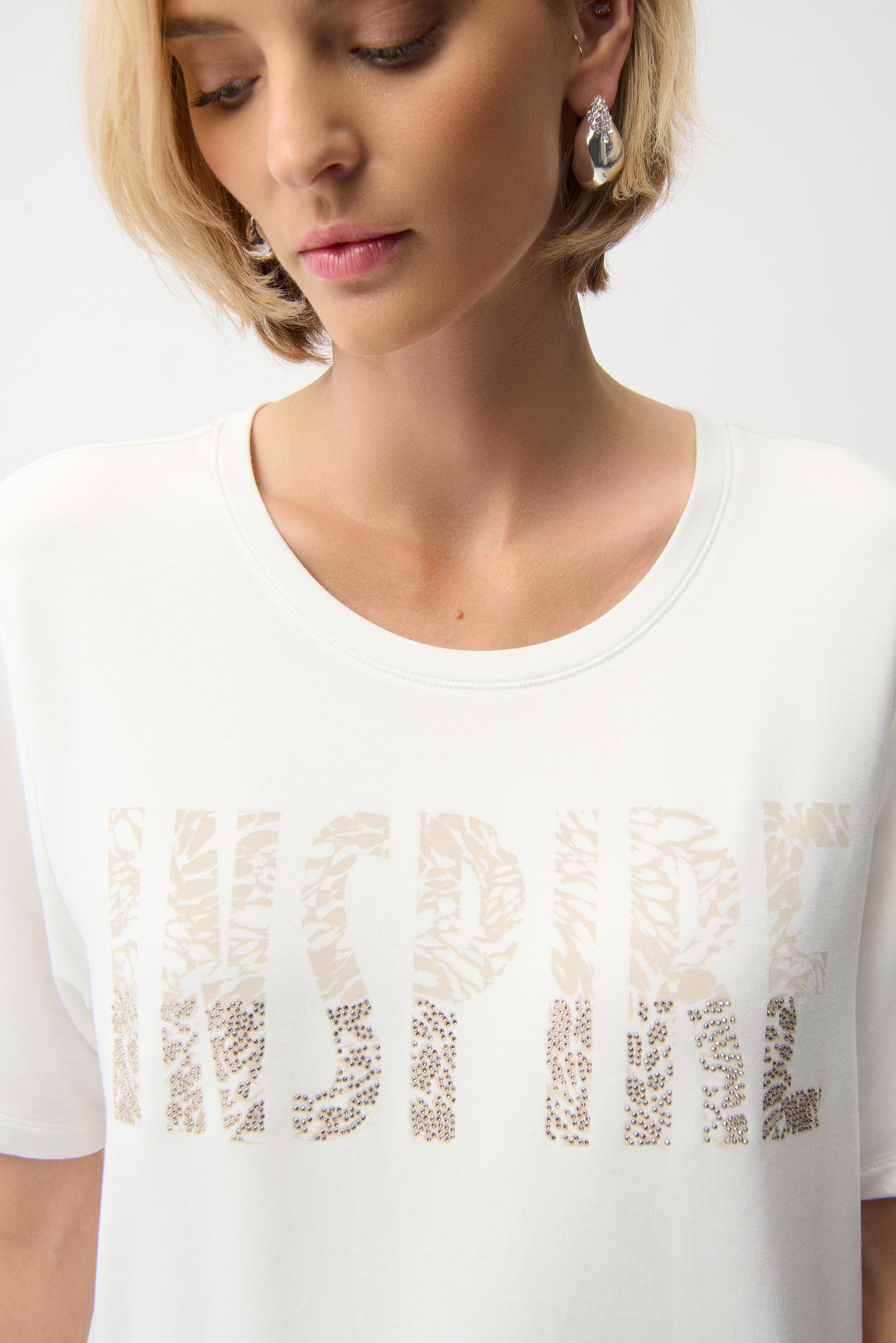 Joseph Ribkoff Front Print Straight T-Shirt With Rhinestones 261967 - VANILLA/ BEIGE