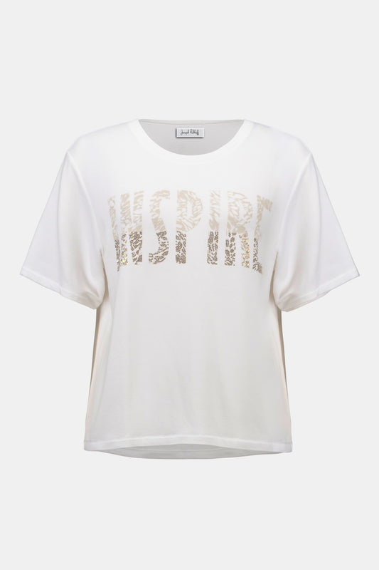 Joseph Ribkoff Front Print Straight T-Shirt With Rhinestones 261967 - VANILLA/ BEIGE