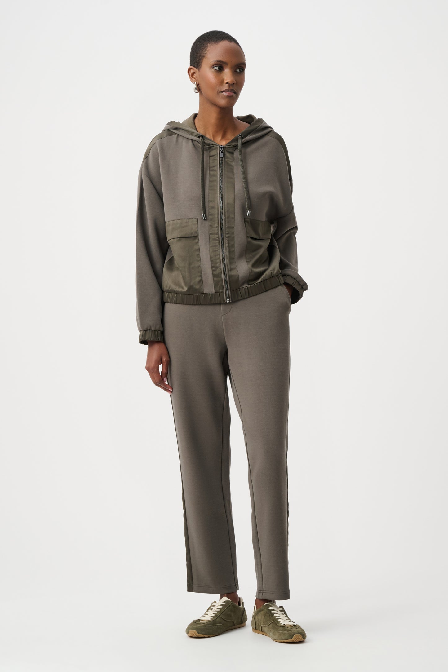 Joseph Ribkoff SPORT Scuba Jersey And Satin Hooded Boxy Jacket 263624 - Avocado
