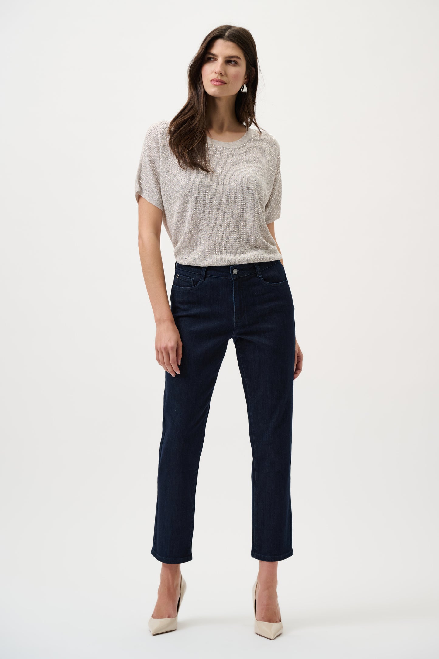 Joseph Ribkoff Metallic Knitted T-shirt with Rhinestones 263900CO - Moonstone