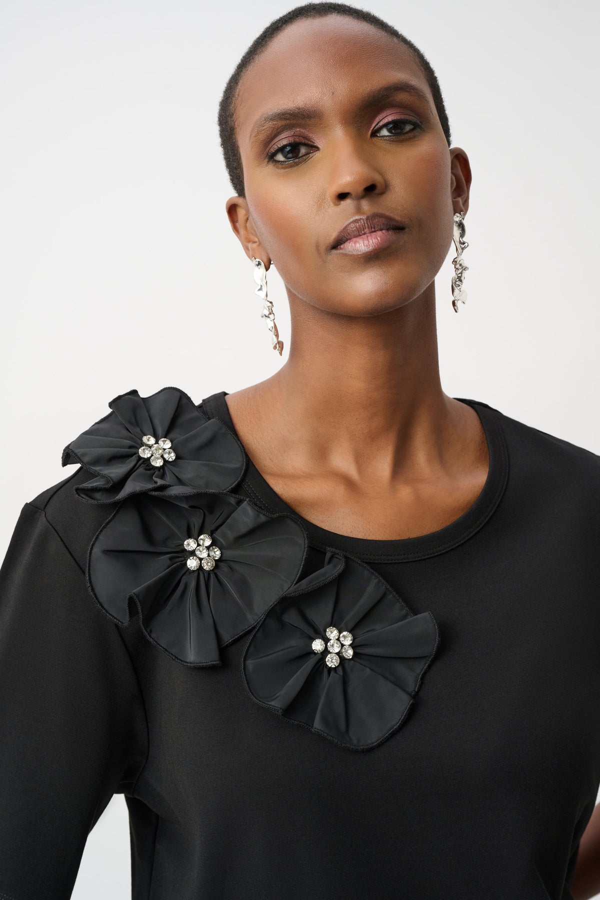 Joseph Ribkoff Rayon And Nylon T-Shirt With Memory Flower Detail 263925 Black