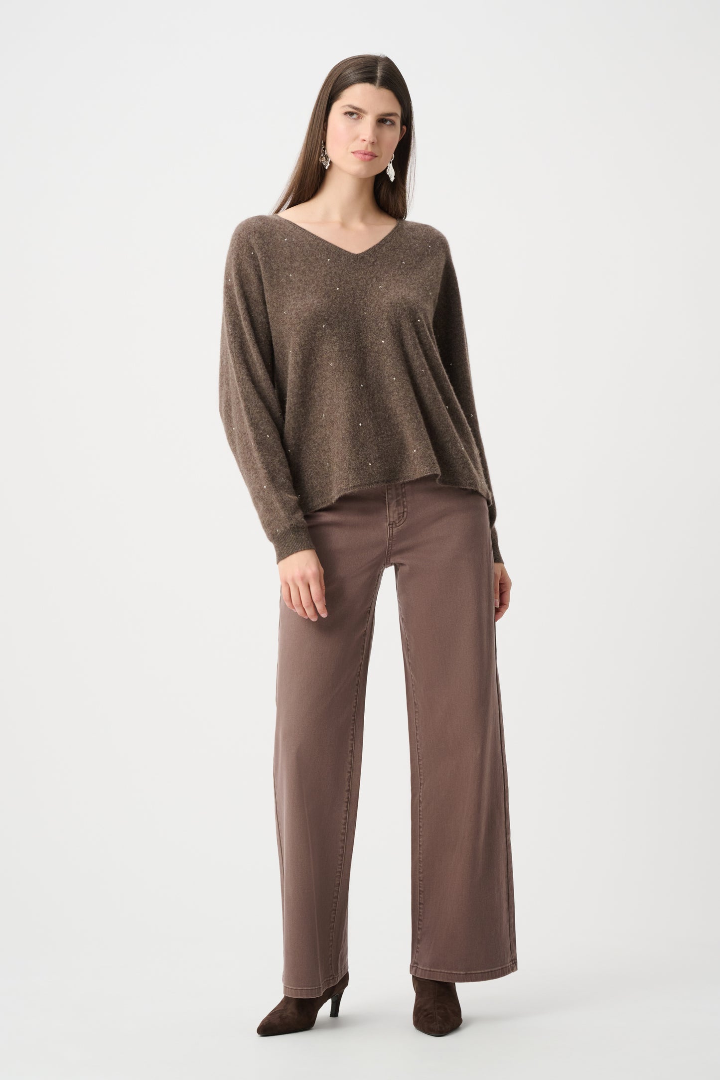 Joseph Ribkoff Cashmere Boxy Sweater With Rhinestone Detail 263940 - Dark Taupe Melange