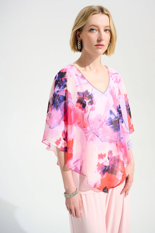 Joseph Ribkoff Signature | Silky Knit Floral Print Poncho With Chiffon Layer
261777 Multi
