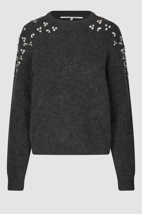 Second Female Sparkling Knit O Neck - Dark Grey Melange