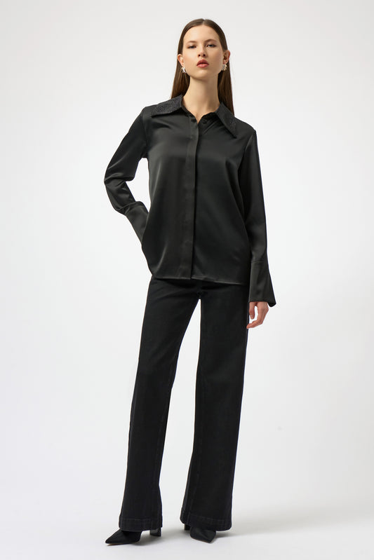 Joseph Ribkoff Satin Button-Front Blouse with Embellished Collar
254926