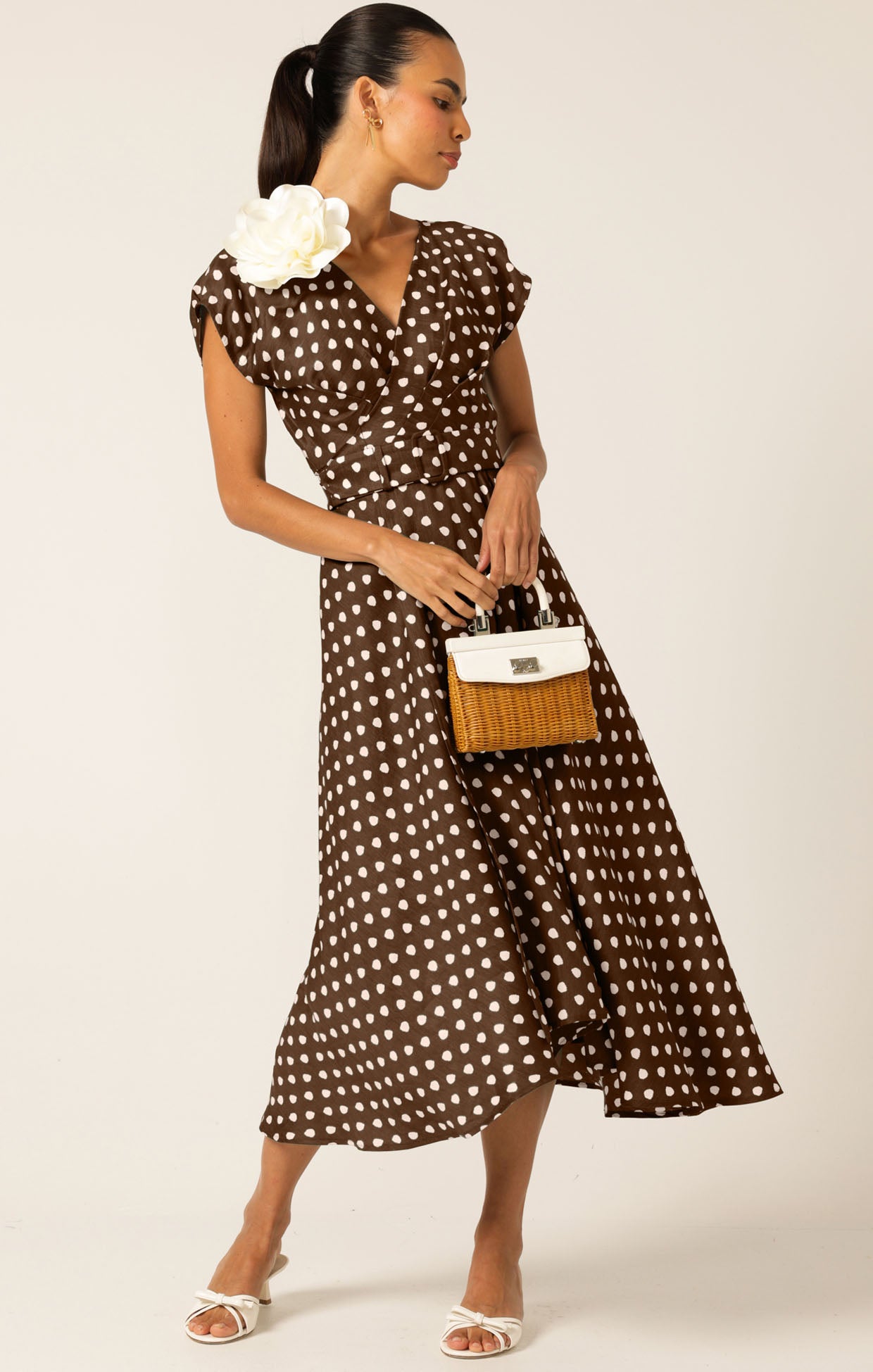 Sacha Drake DOTTIE WRAP MIDI DRESS - Choc/ Cream Spot