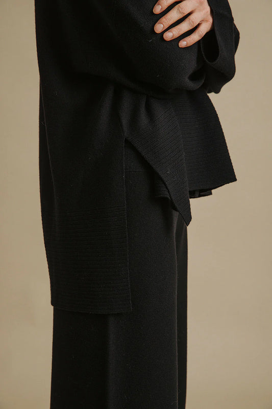 Talamaya Grace Collared Merino Cotton Pullover - Black