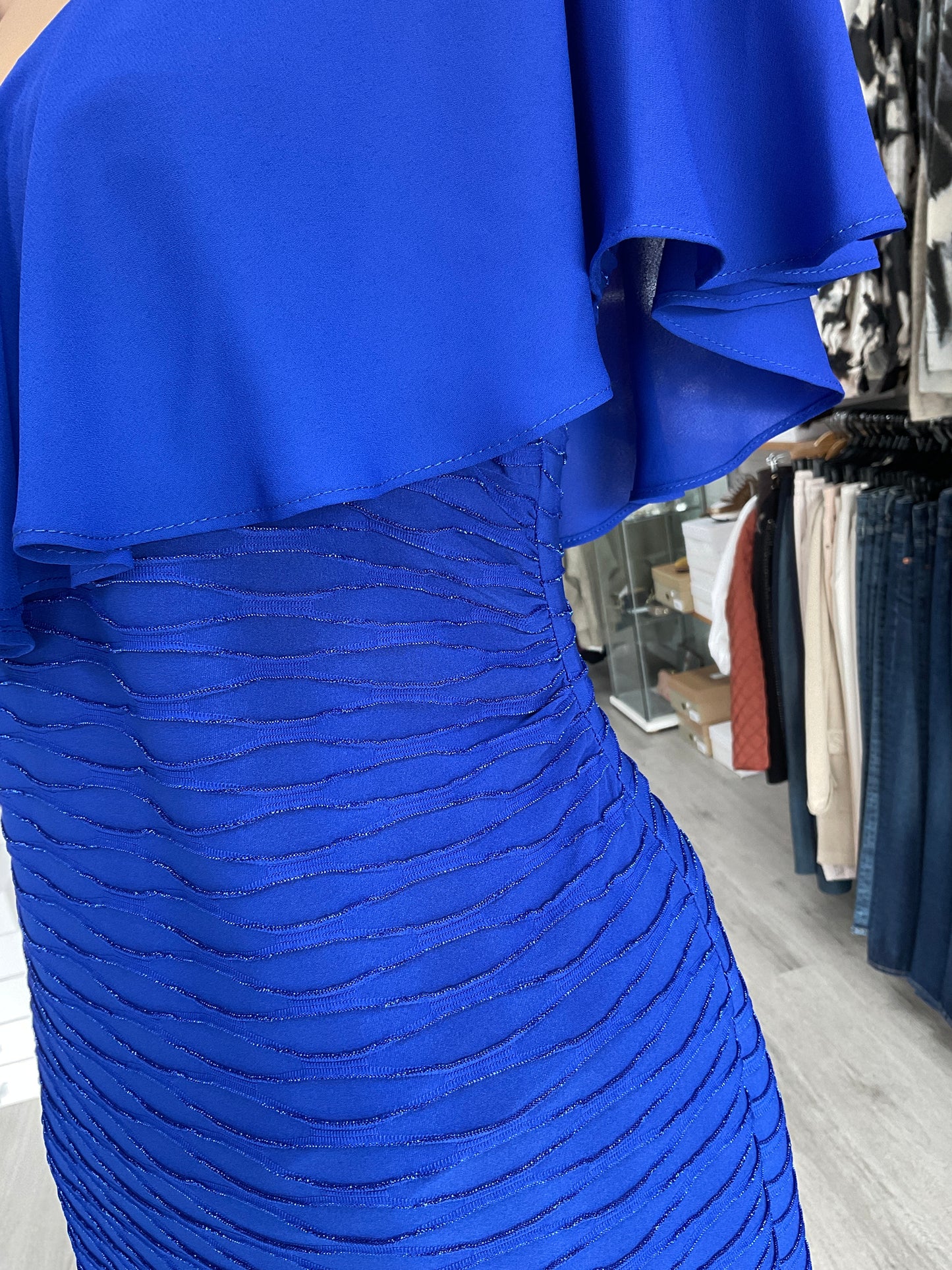 Joseph Ribkoff Lurex Cascade And Chiffon Sheath Dress 244043 - Royal Sapphire