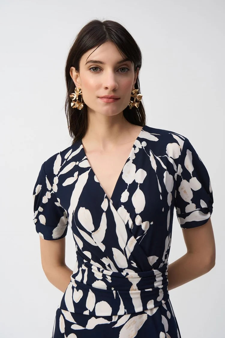 Joseph Ribkoff Silky Knit Abstract Print Wrap Dress
251014 Midnight/ Beige