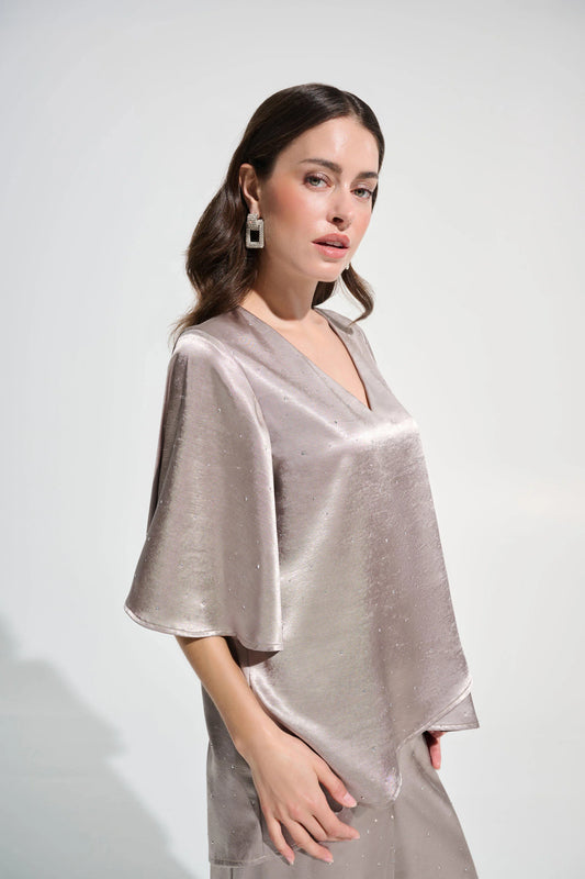 Joseph Ribkoff Signature Satin Rhinestone Boxy Tunic With Flutter Sleeves
262722 Feather Grey