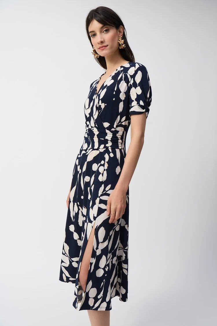 Joseph Ribkoff Silky Knit Abstract Print Wrap Dress
251014 Midnight/ Beige