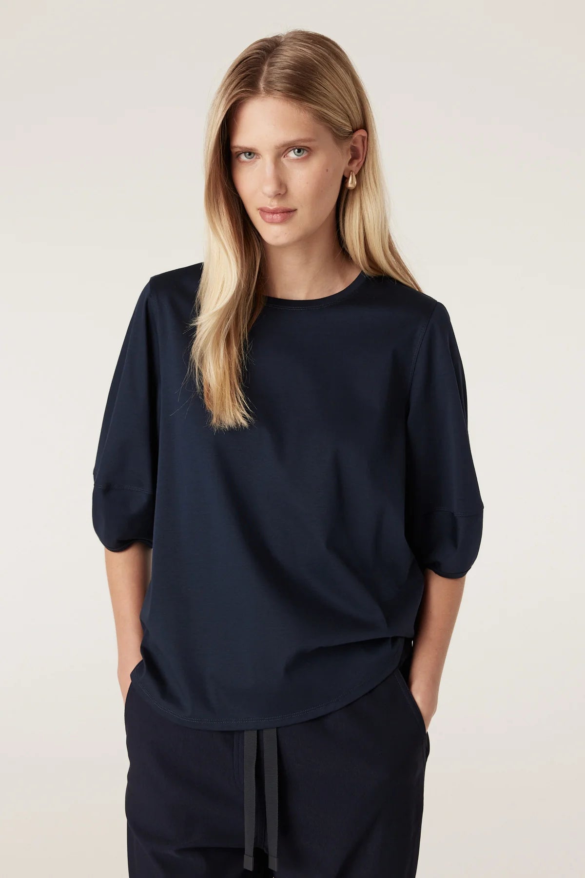 Cable Pima Cotton Lantern Sleeve Top - Navy