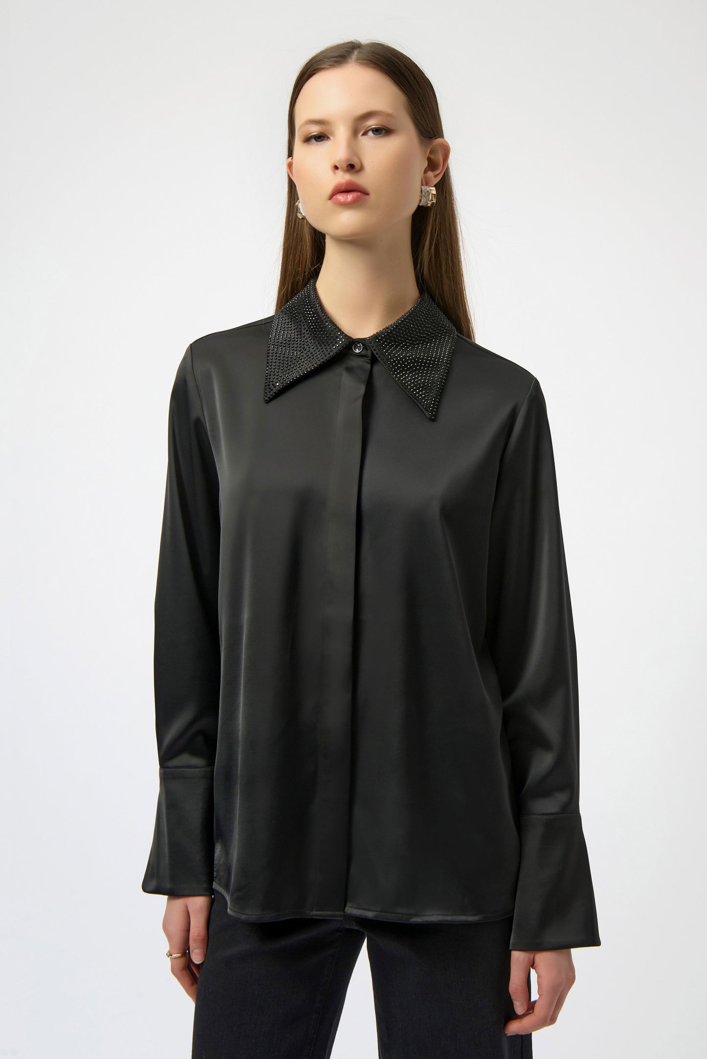 Joseph Ribkoff Satin Button-Front Blouse with Embellished Collar
254926