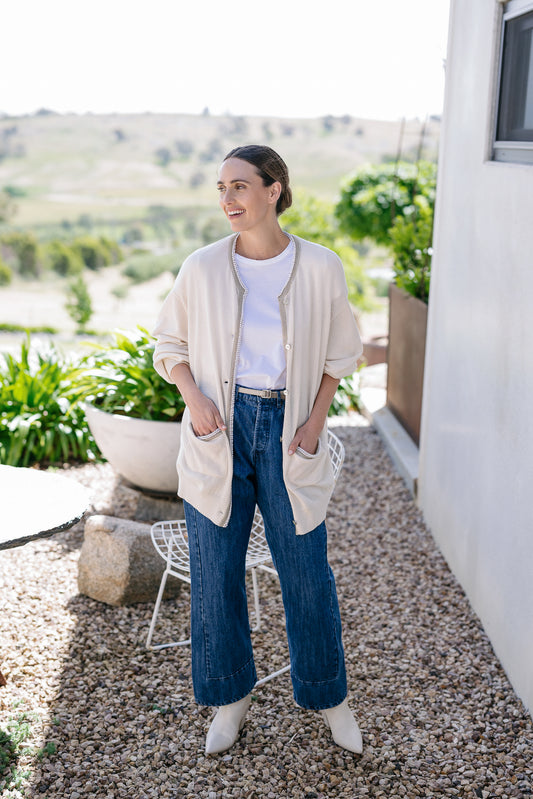 Maud Dainty Moto Cardigan - Whipped Cream/ Pearl