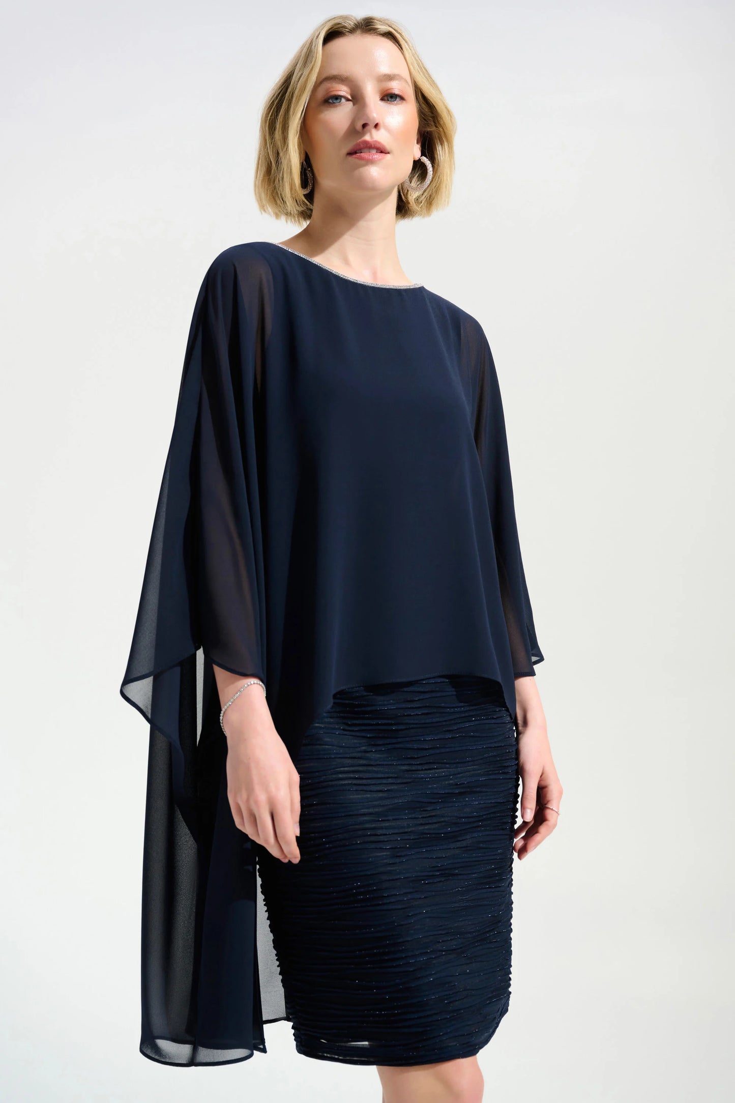 Joseph Ribkoff Signature | Cascade Knit Sheath Dress With Chiffon Poncho Overlay
261707 - ROYAL SAPPHIRE