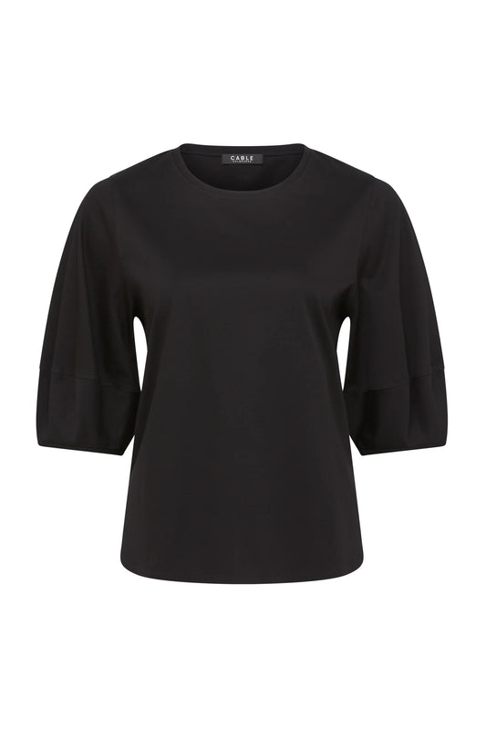 Cable Pima Cotton Lantern Sleeve Top - Black