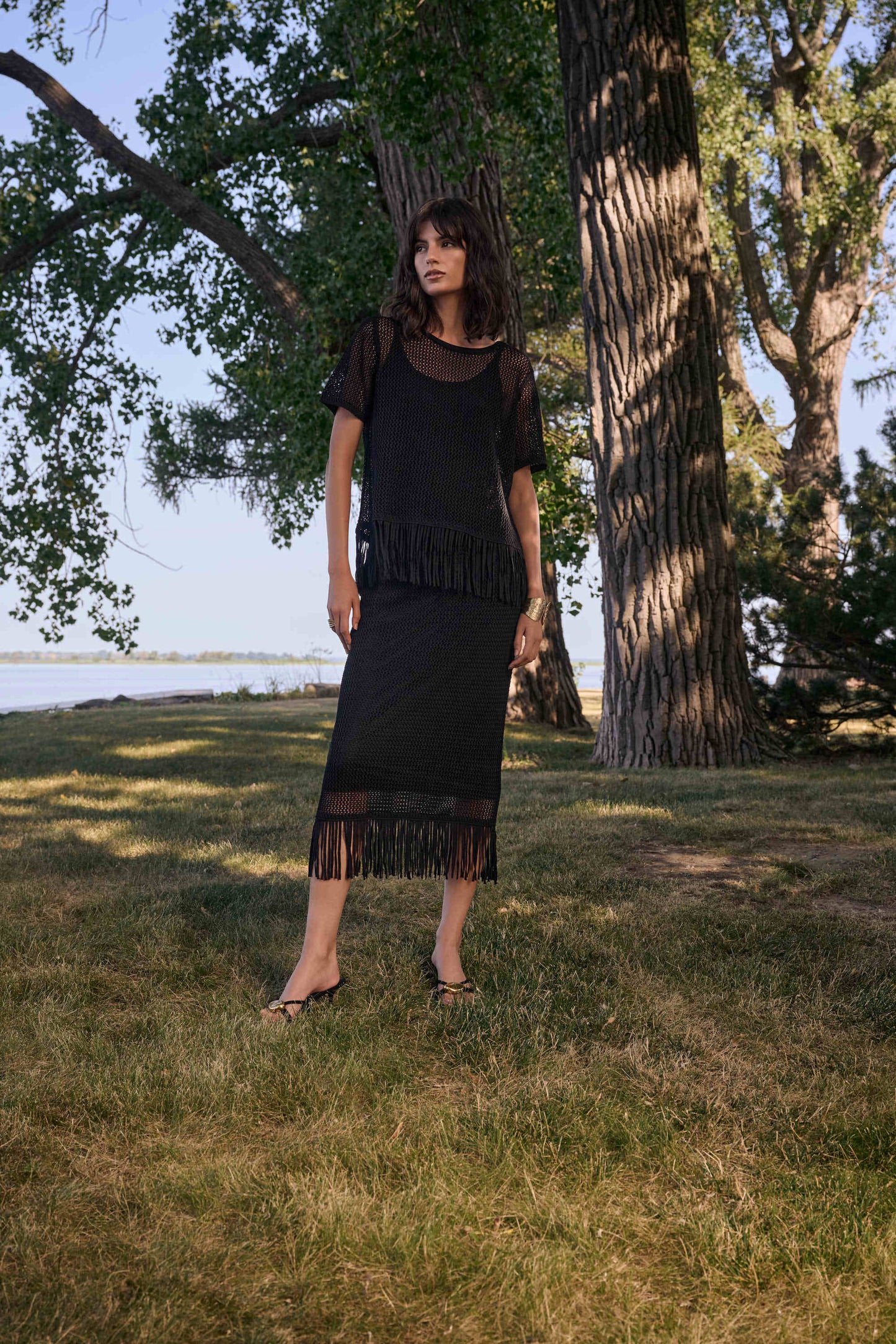 Joseph Ribkoff Viscose Sweater Knit Pull-On Skirt With Fringe Trim 262929