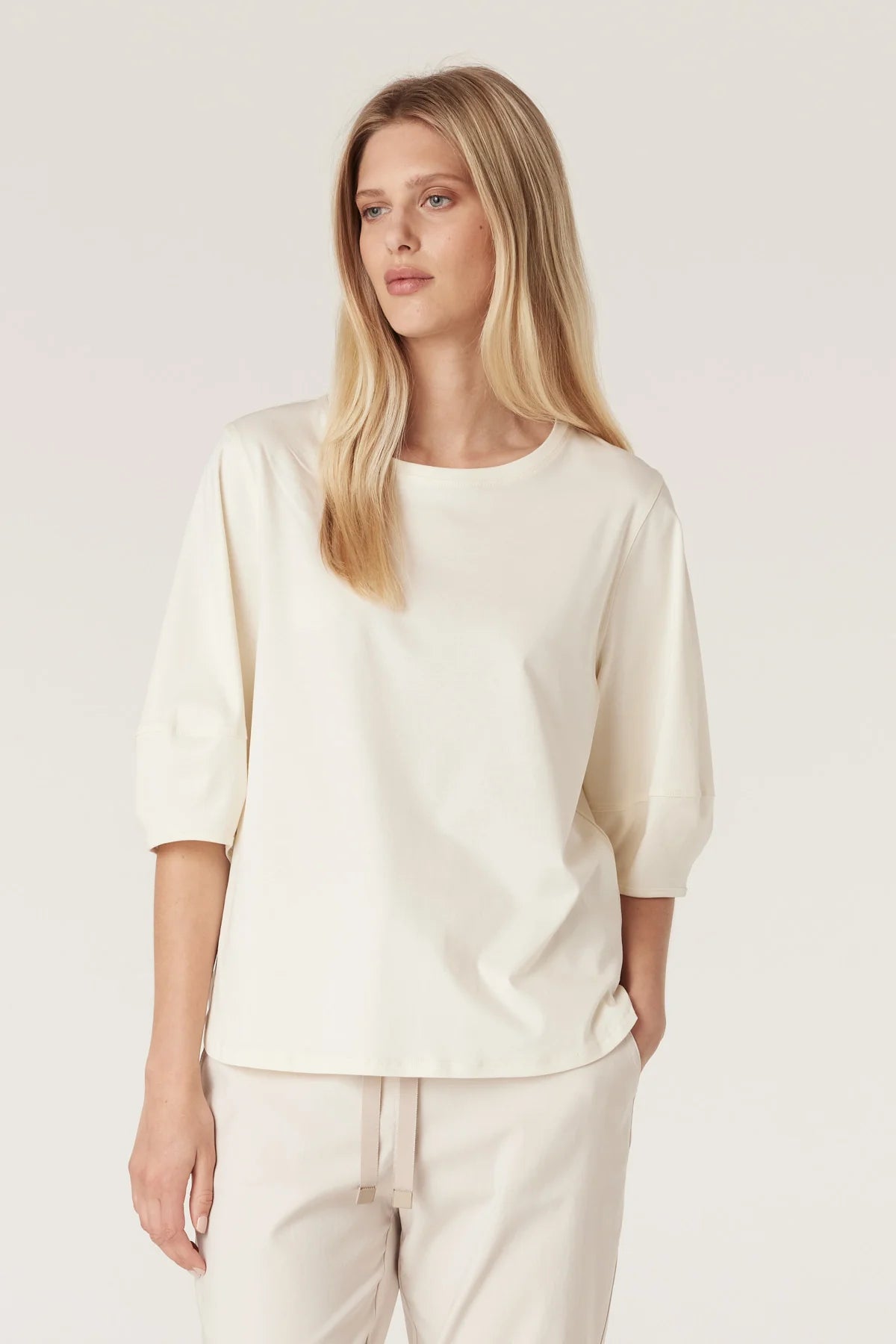 Cable Pima Cotton Lantern Sleeve Top - Cream