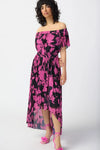 Joseph Ribkoff Floral Print Chiffon Off-Shoulder Pleated Dress 241908