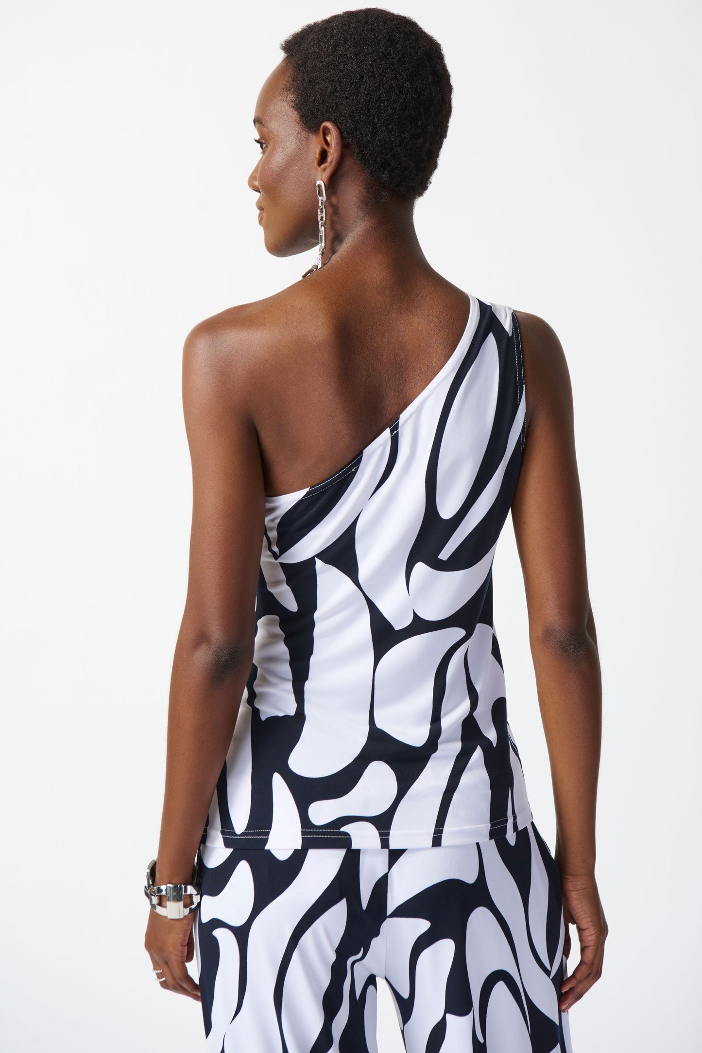 Joseph Ribkoff Silky Knit Geometric Print One Shoulder Top 242108