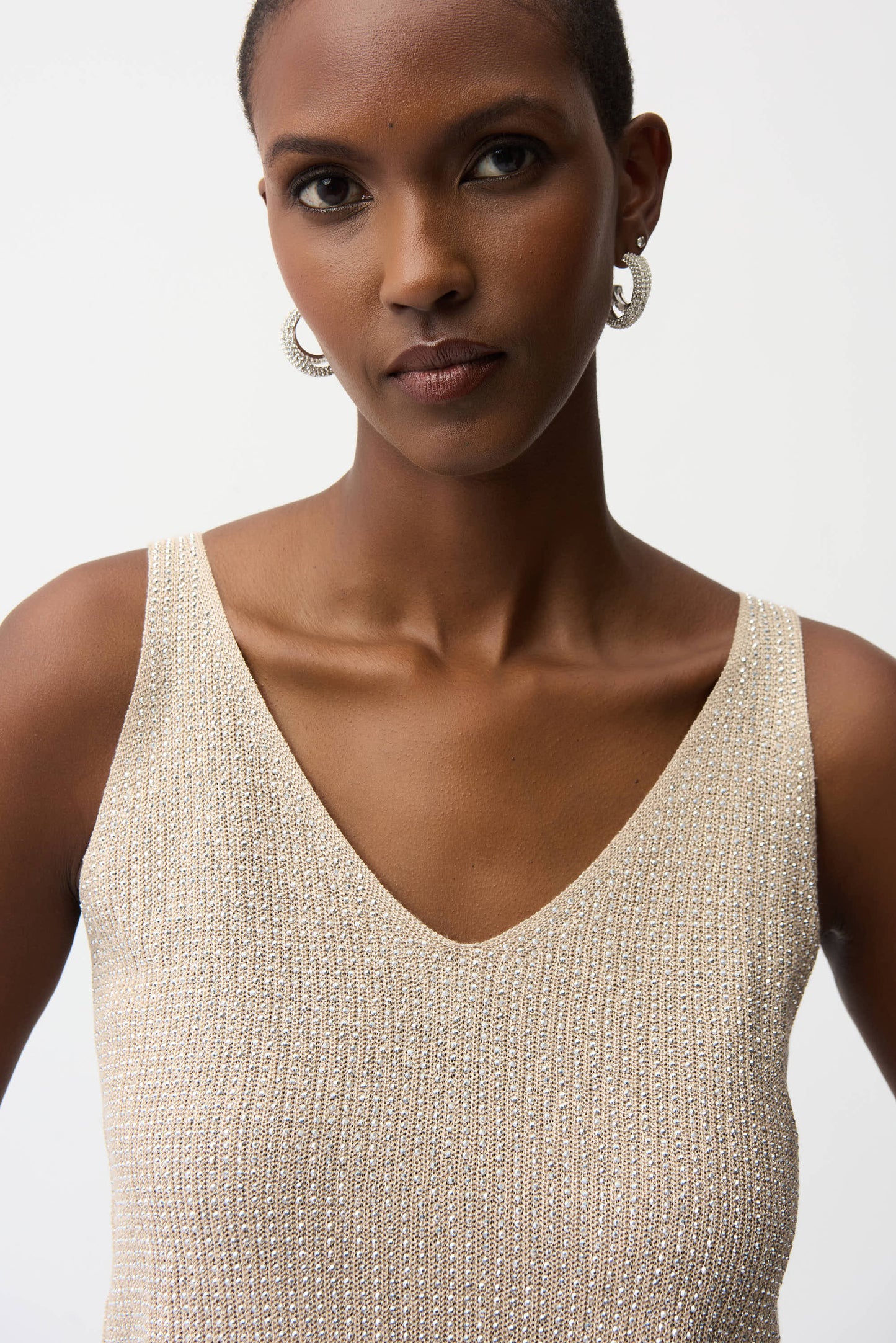 Joseph Ribkoff Metallic Knitted Camisole with Rhinestones 252915S26 - CHAMPAGNE