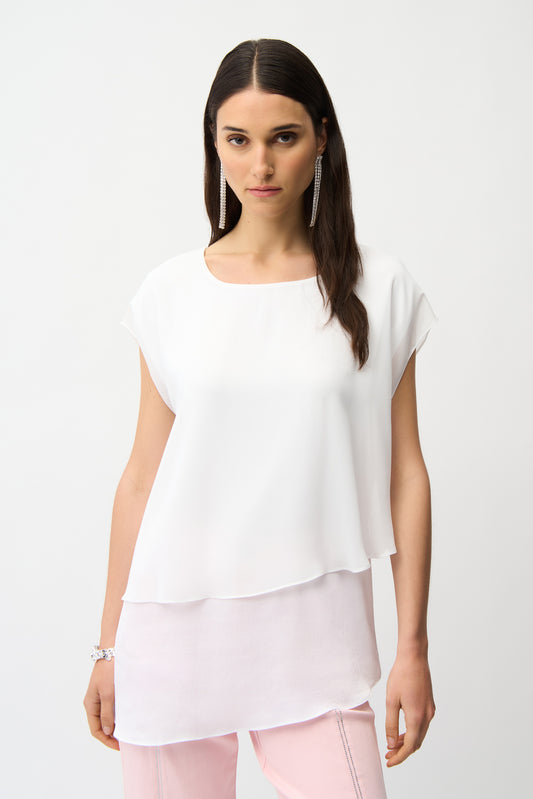 Joseph Ribkoff Recycled Satin & Chiffon Asymmetrical Tunic 261028 - VANILLA