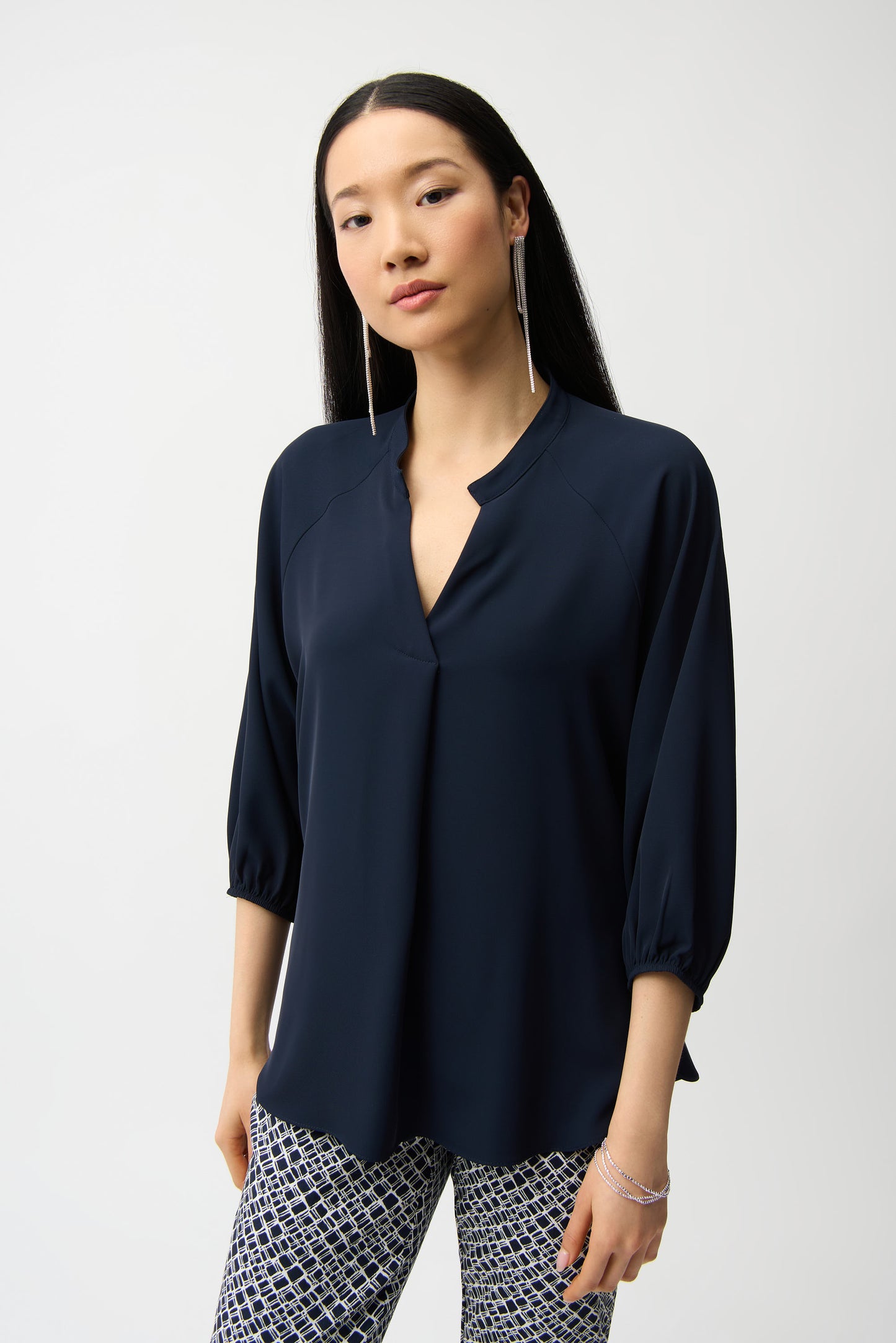 Joseph Ribkoff Woven Twill Boxy Top With Mandarin Collar 261076 -MIDNIGHT