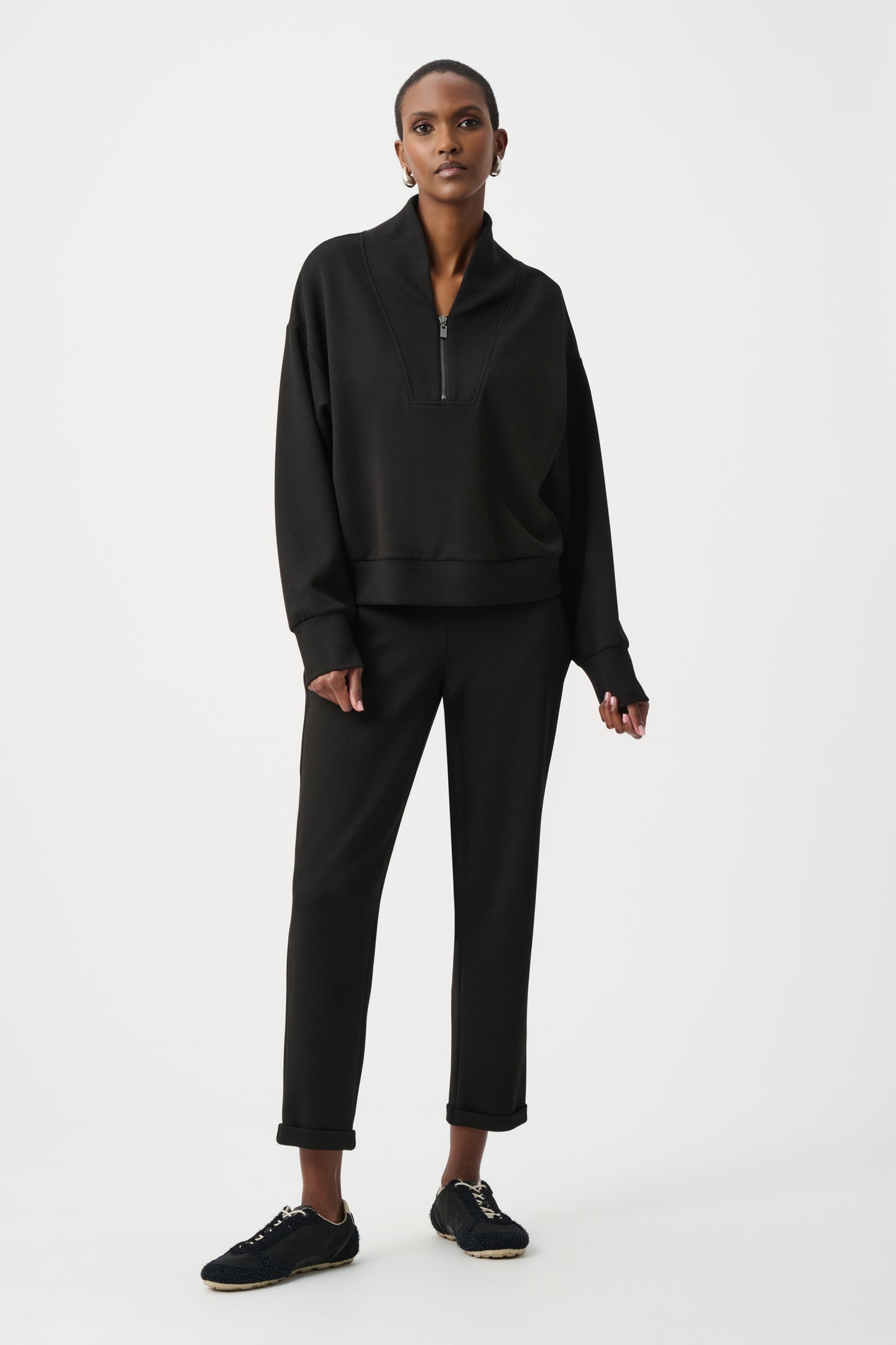 Joseph Ribkoff SPORT Scuba Jersey Boxy Sweatshirt With High Collar and Front Zipper 261610F26 - Black