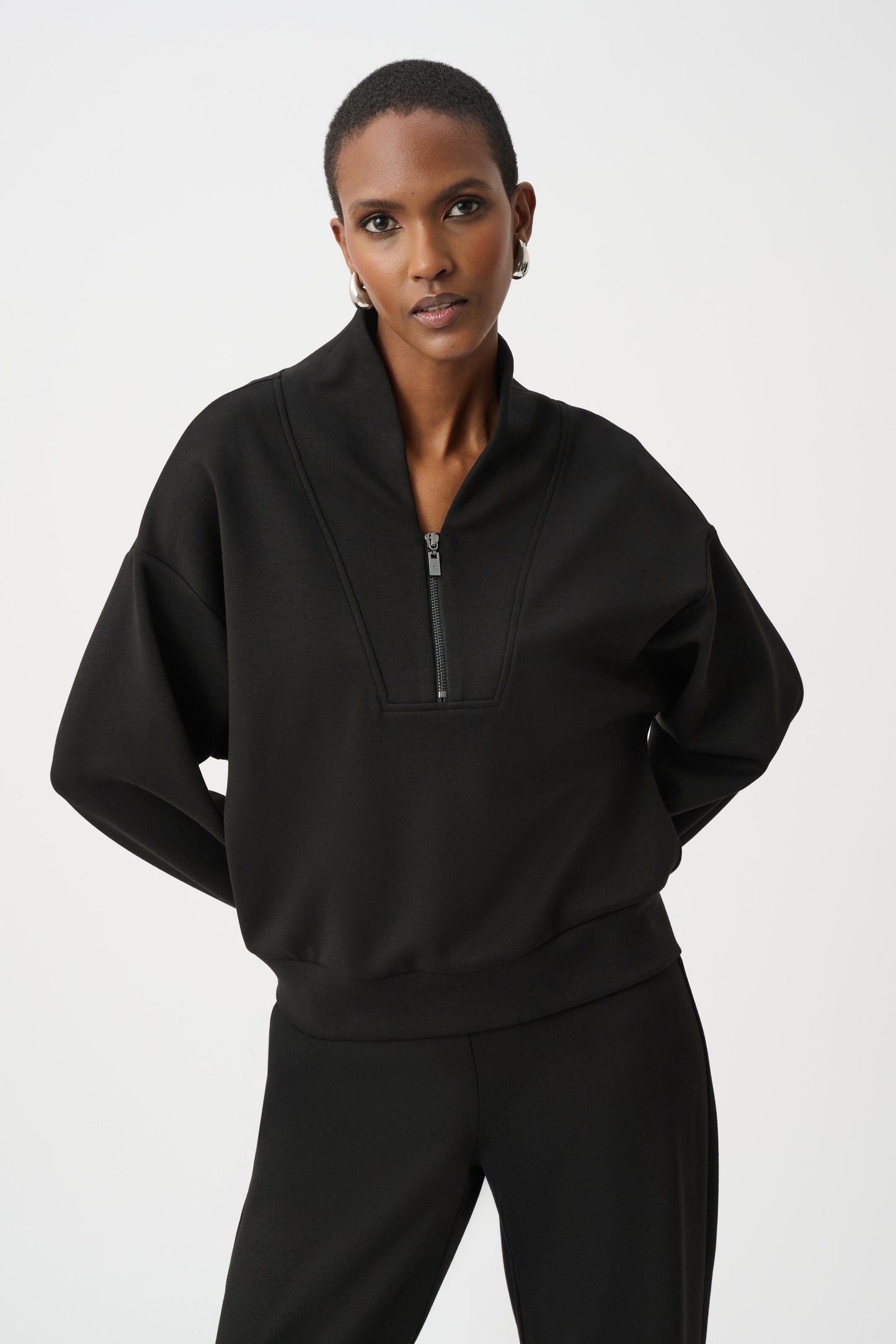 Joseph Ribkoff SPORT Scuba Jersey Boxy Sweatshirt With High Collar and Front Zipper 261610F26 - Black