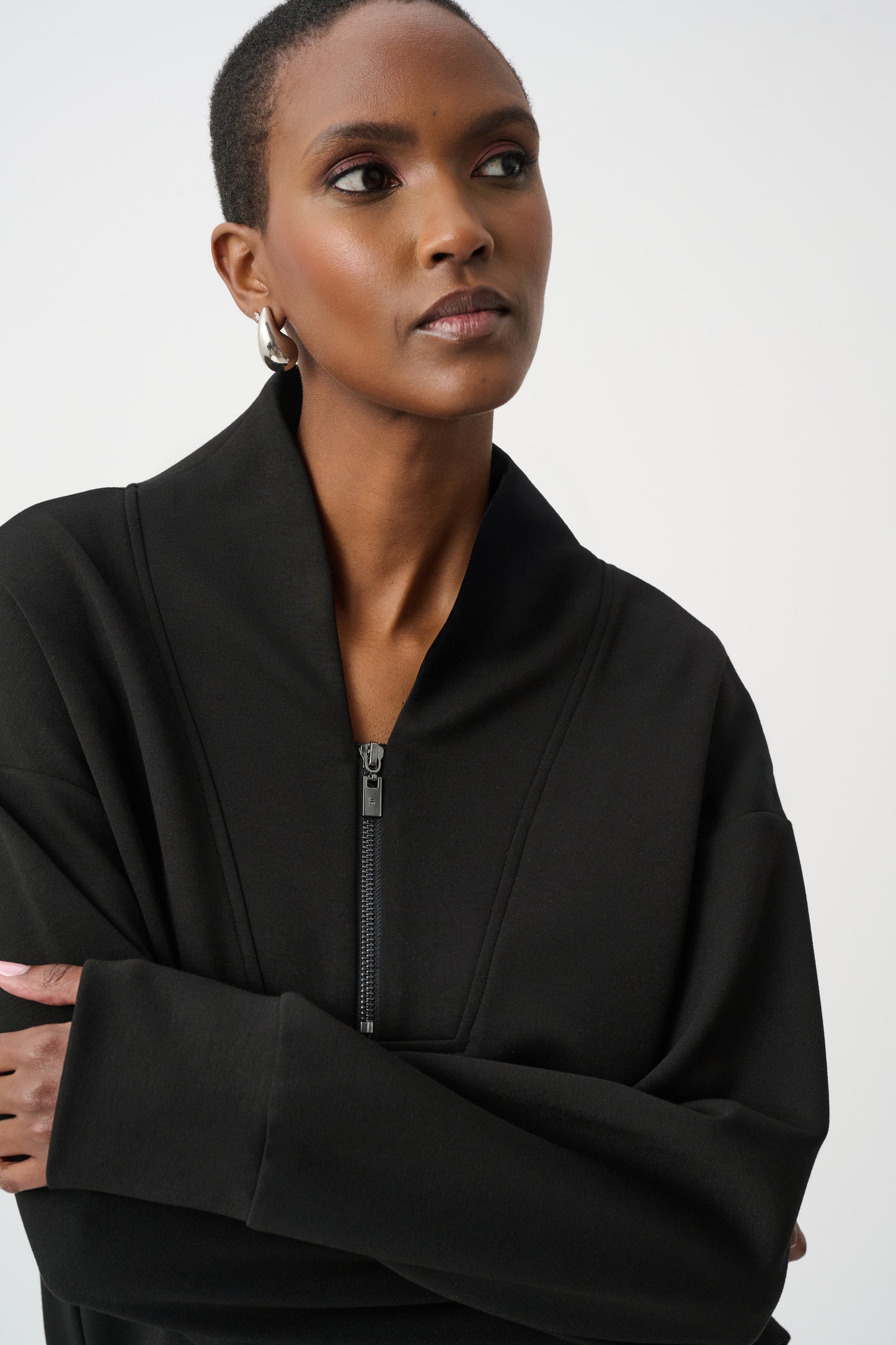 Joseph Ribkoff SPORT Scuba Jersey Boxy Sweatshirt With High Collar and Front Zipper 261610F26 - Black