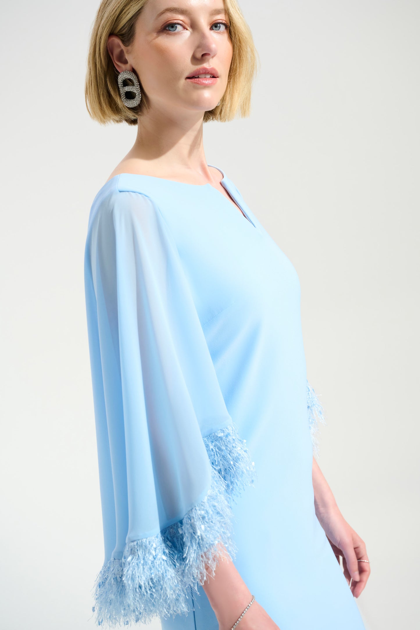 Joseph Ribkoff Silky Knit A-Line Dress With Chiffon Cape And Novelty Trim 261715 - SKY BLUE