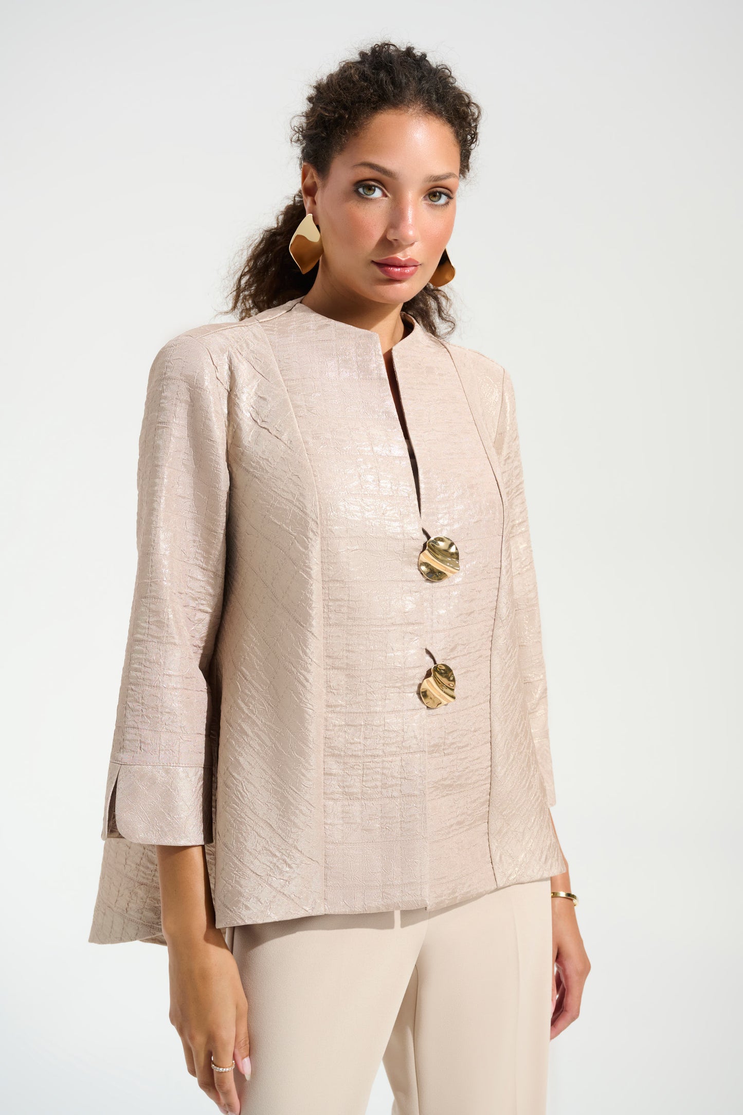Joseph Ribkoff Foiled Textured Jacquard Trapeze Jacket With Statement Button 261731 - SAND