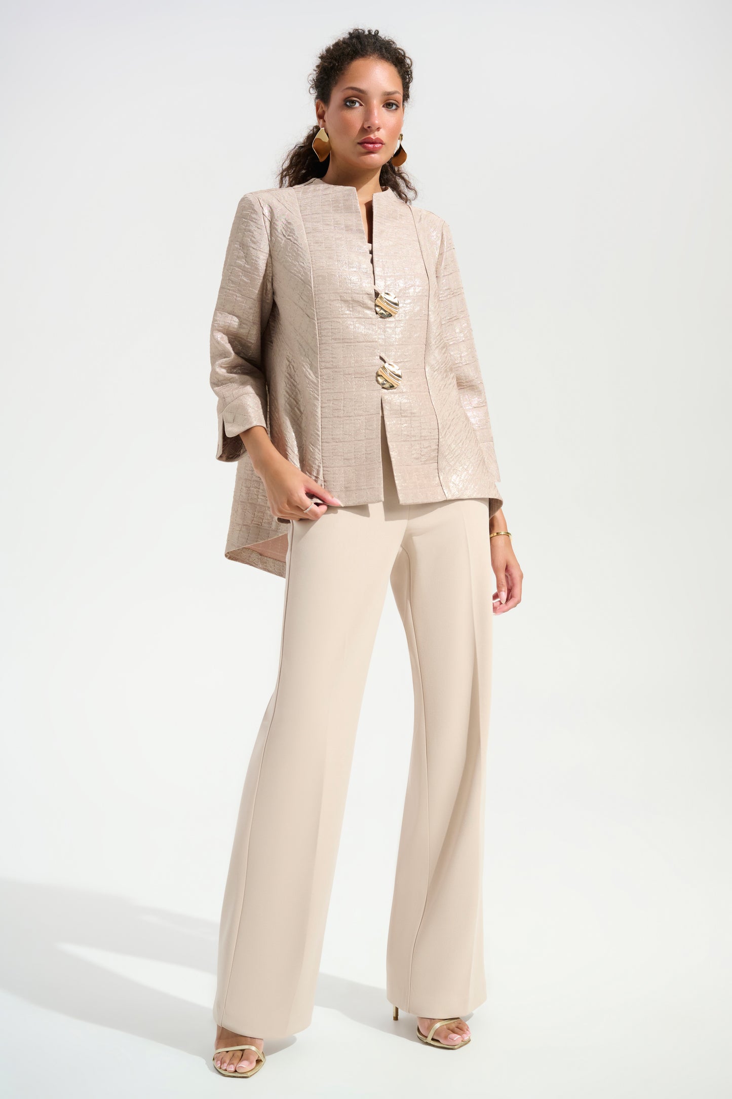 Joseph Ribkoff Foiled Textured Jacquard Trapeze Jacket With Statement Button 261731 - SAND