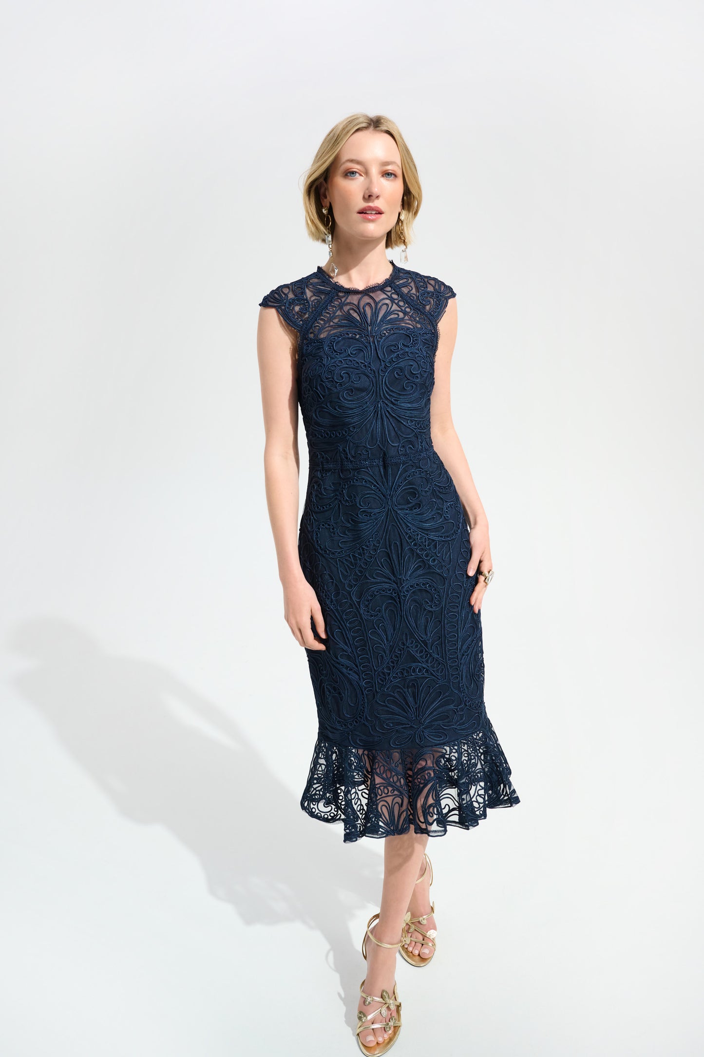Joseph Ribkoff Guipure Soutache Trumpet Dress With Ruffle Hem 261740 - Midnight
