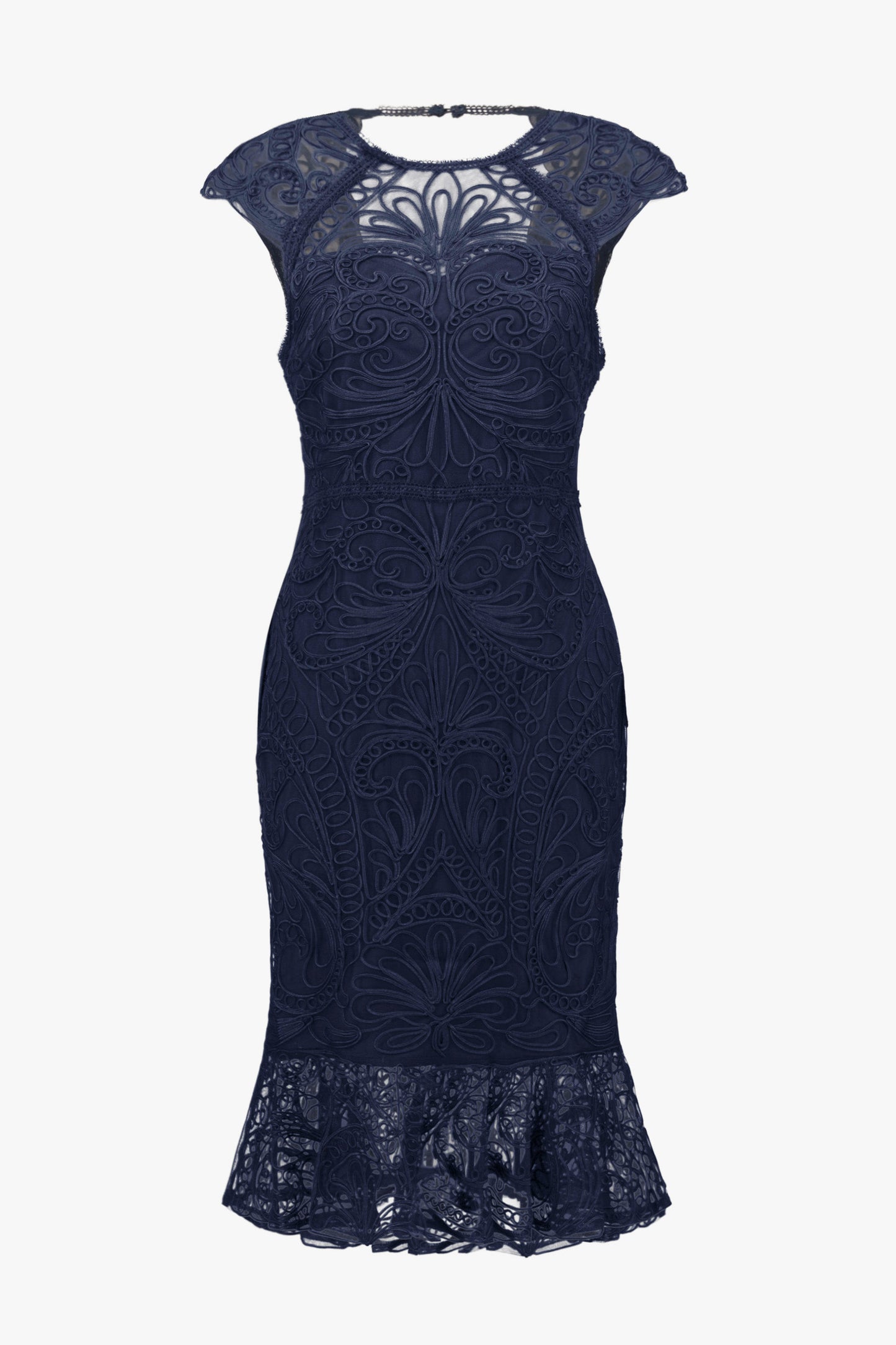 Joseph Ribkoff Guipure Soutache Trumpet Dress With Ruffle Hem 261740 - Midnight