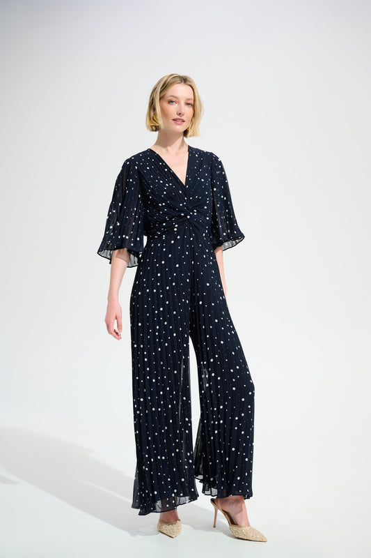 Joseph Ribkoff Pleated Chiffon Dot Print Wide Leg Jumpsuit With Knot Detail 261756 - MIDNIGHT/ VANILLA